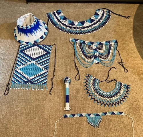 Beautiful Traditional African Beaded Outfit with Zulu Hat and Dance Wand