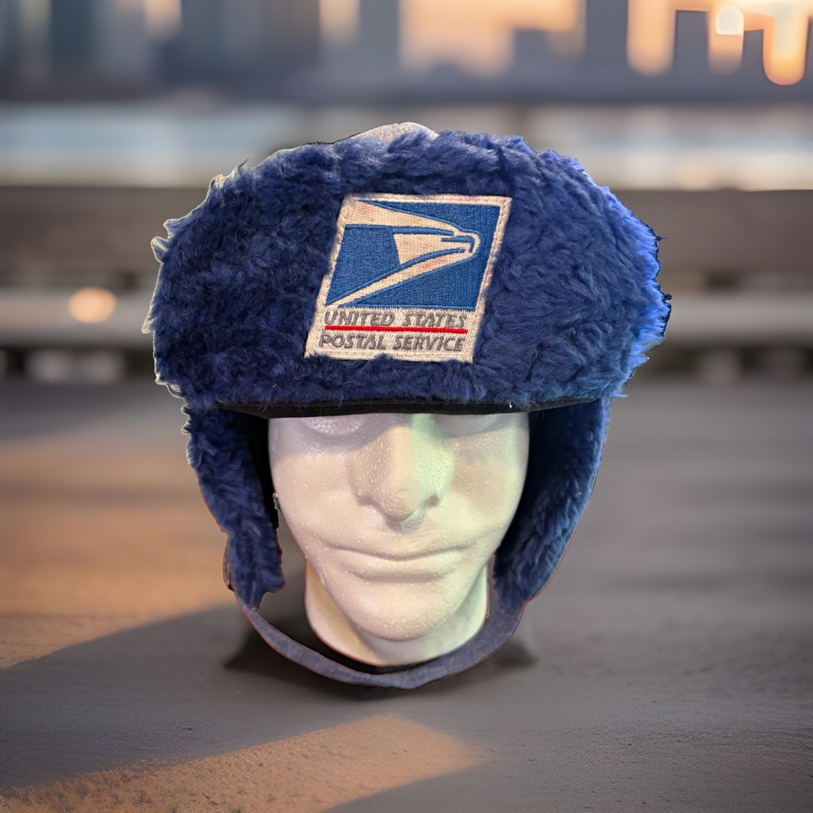 Vintage United States Postal Service USPS Logo Blue Winter Hat Faux Fur Ear Flap