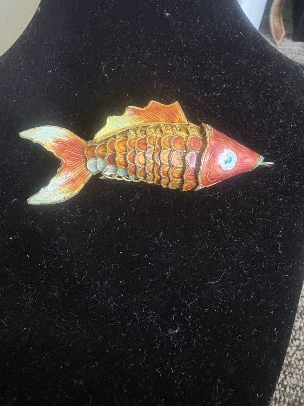 Vintage Cloisonne Koi Fish Pendant Articulated Enamel Ornament Red 