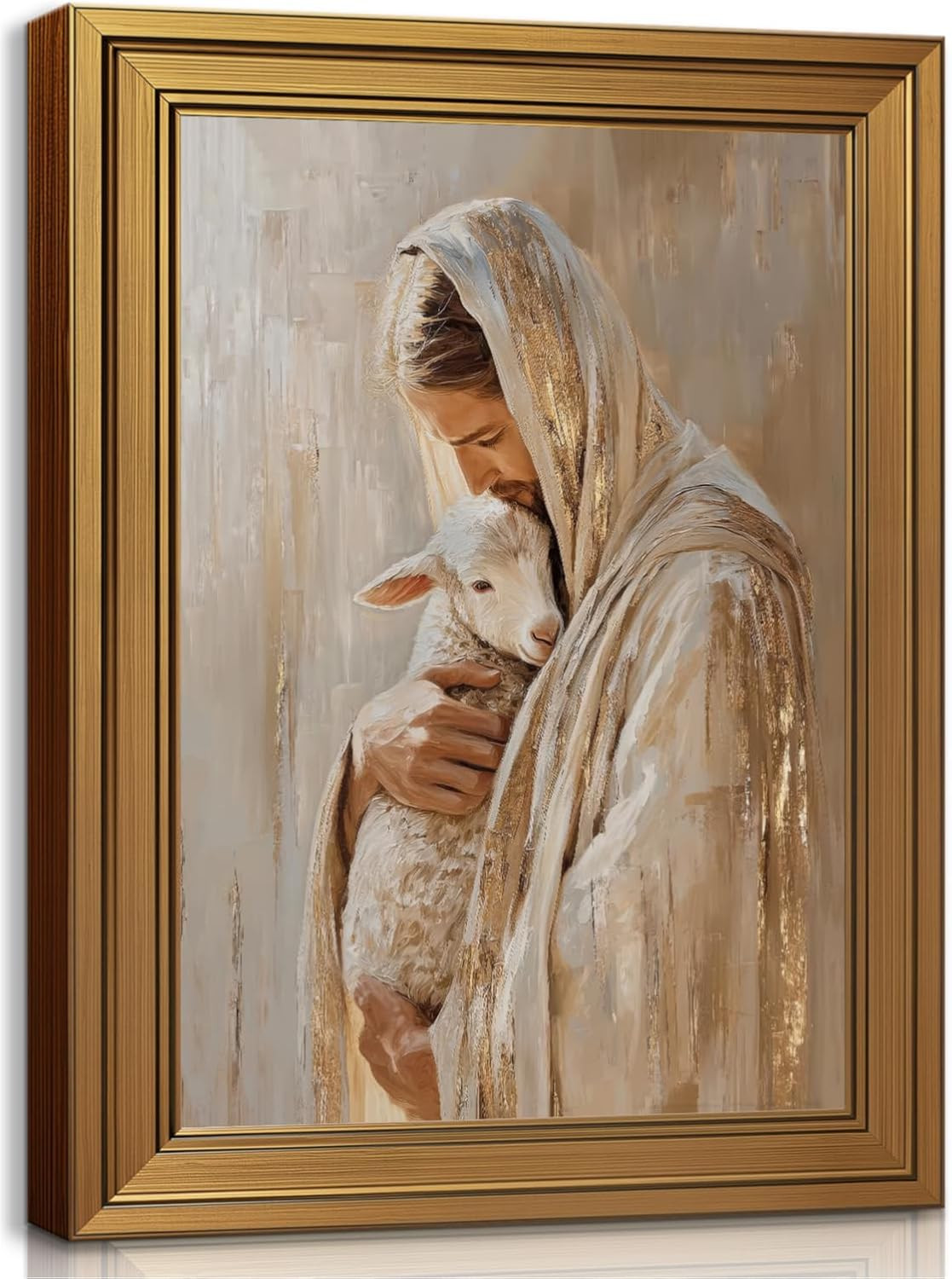 Gold Framed Vintage Wall Art Jesus and Lamb Canvas Printing Bible Stories save T