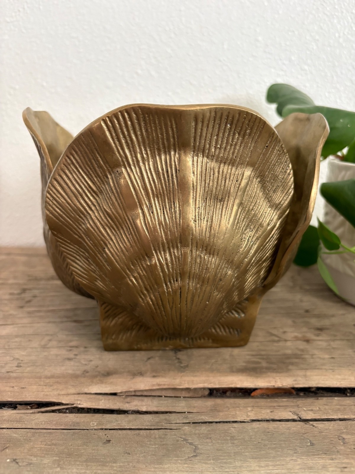 Vintage MCM solid brass seashell planter pot-