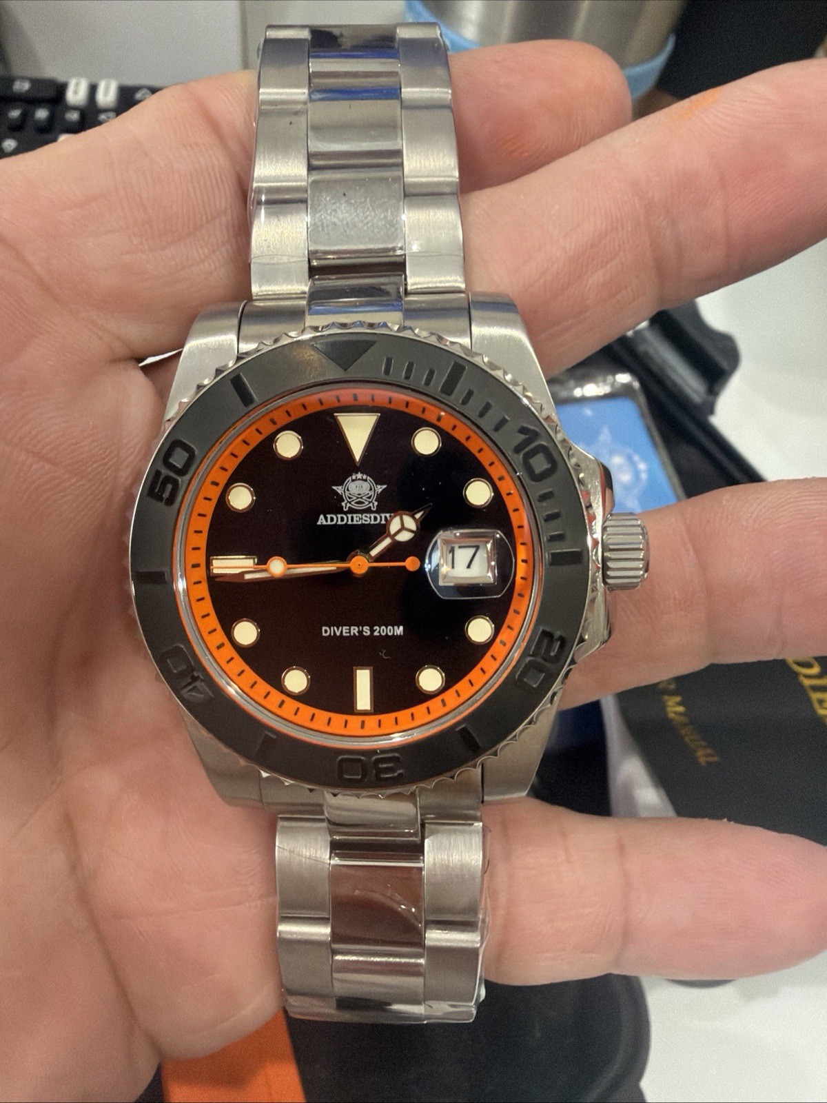addiesdive Diver Watch Quartz 41mm 200M Waterproof ORANGE Stainless Steel
