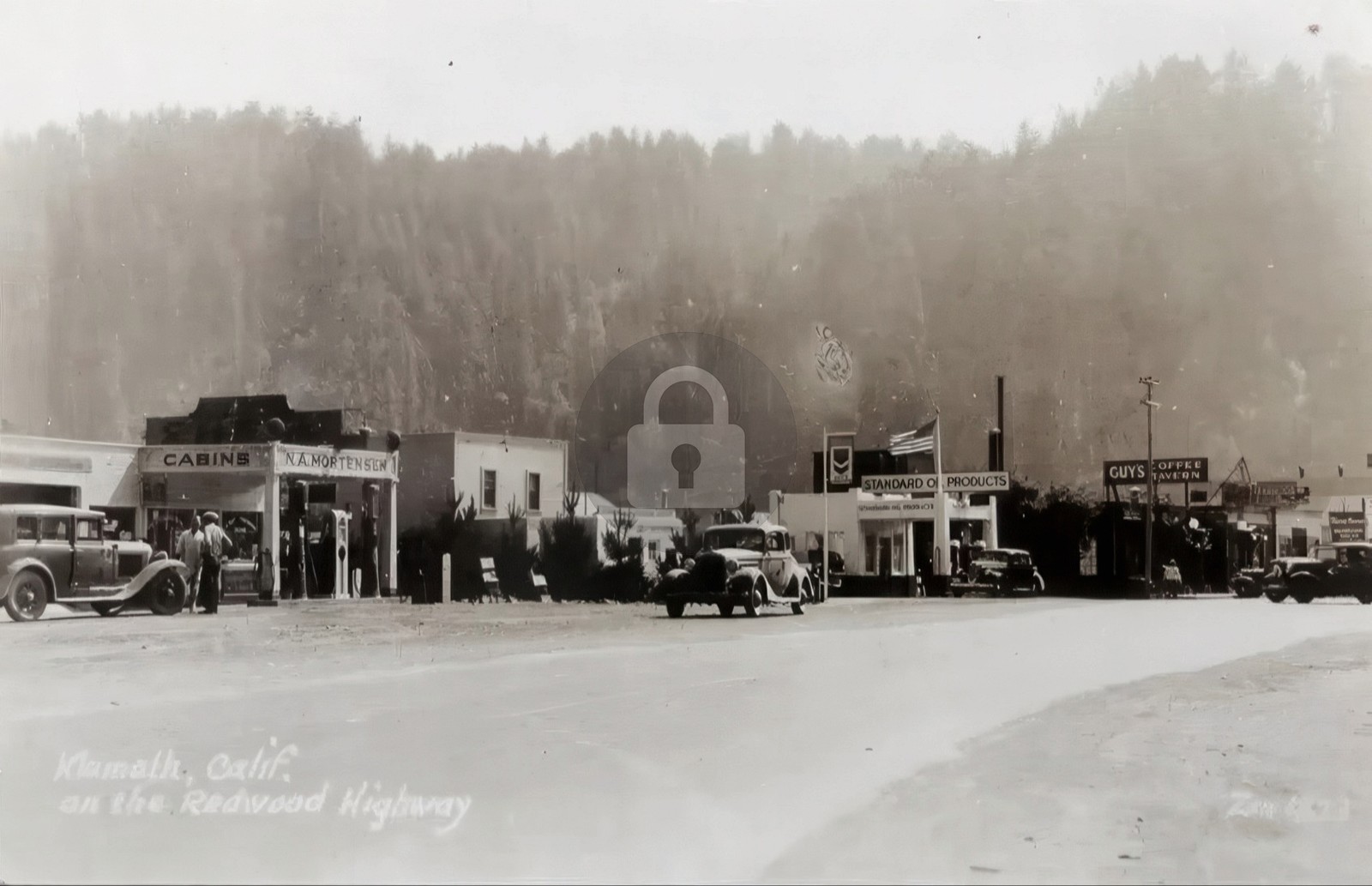 c1930s Downtown Klamath CA Gas Station Cabins Autos Humboldt Co. RPPC COPY
