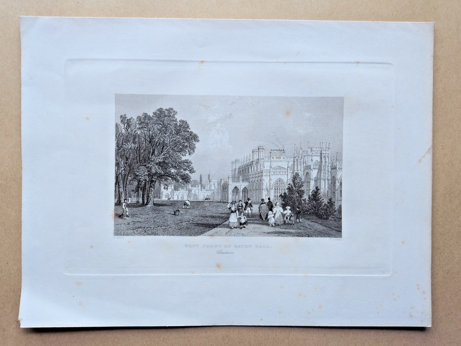 West Front of Eaton Hall, Cheshire - Antique Print - 1844