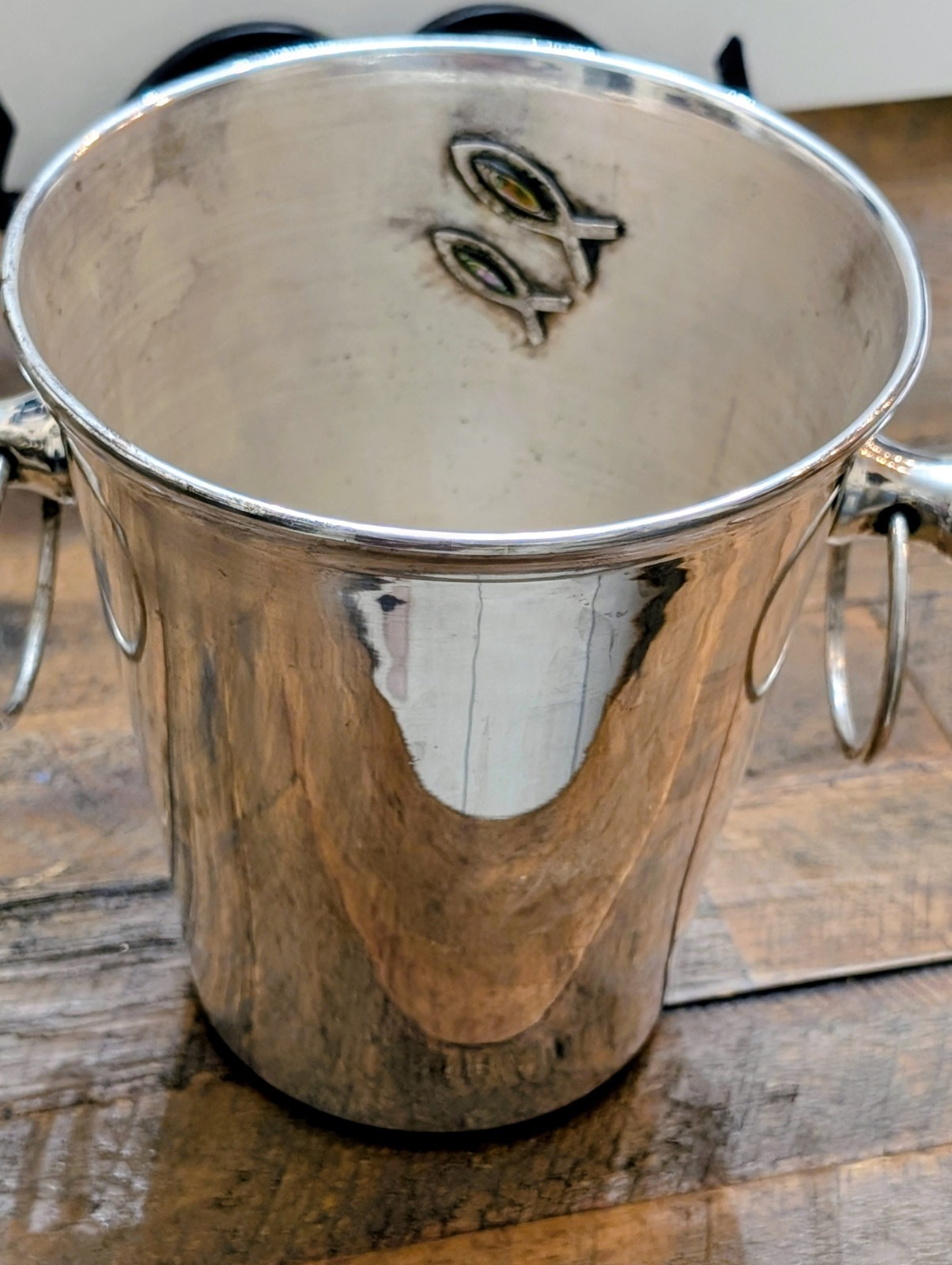 Vintage Los Castillo Taxco Silver Plate Ice Bucket Inlaid Abalone Shell Fish