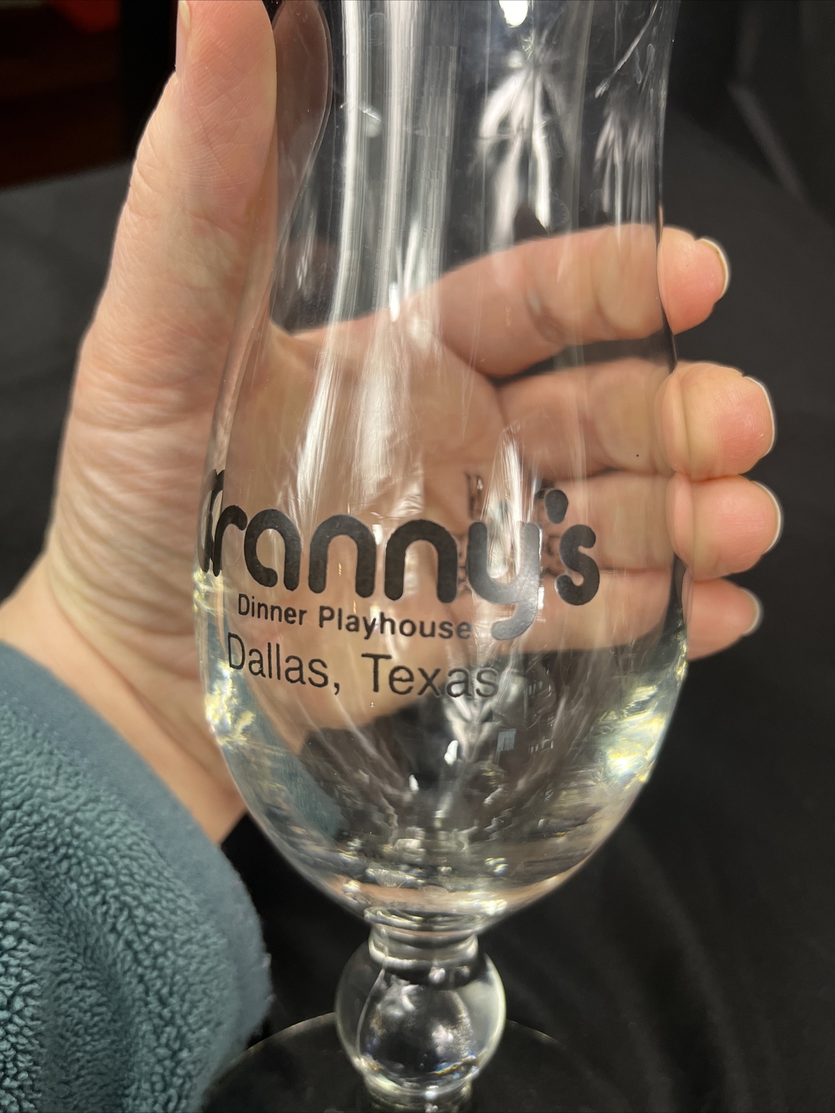 Vtg Granny’s Dinner Playhouse Glass Drink Goblet Bottoms Up ‘80 Dallas TX Texas