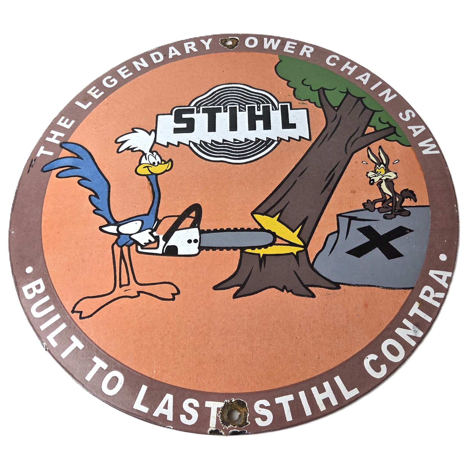 Vintage Stihl Chainsaw Sign - Porcelain Road Runner Coyote Contra Saw Gas Sign