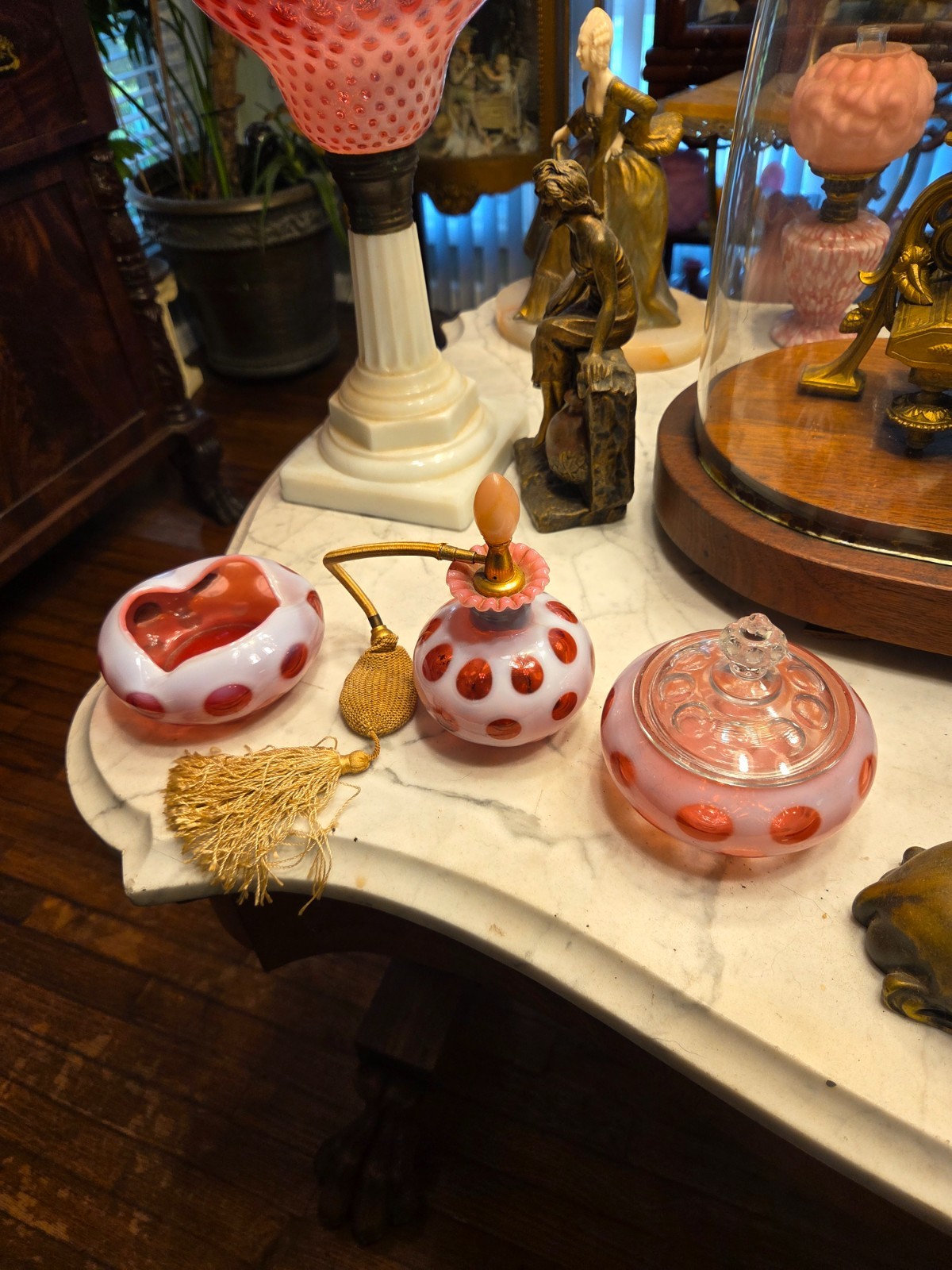 Rare Fenton Glass Cranberry Opal Coin Dot Vanity Set For Devilbiss
