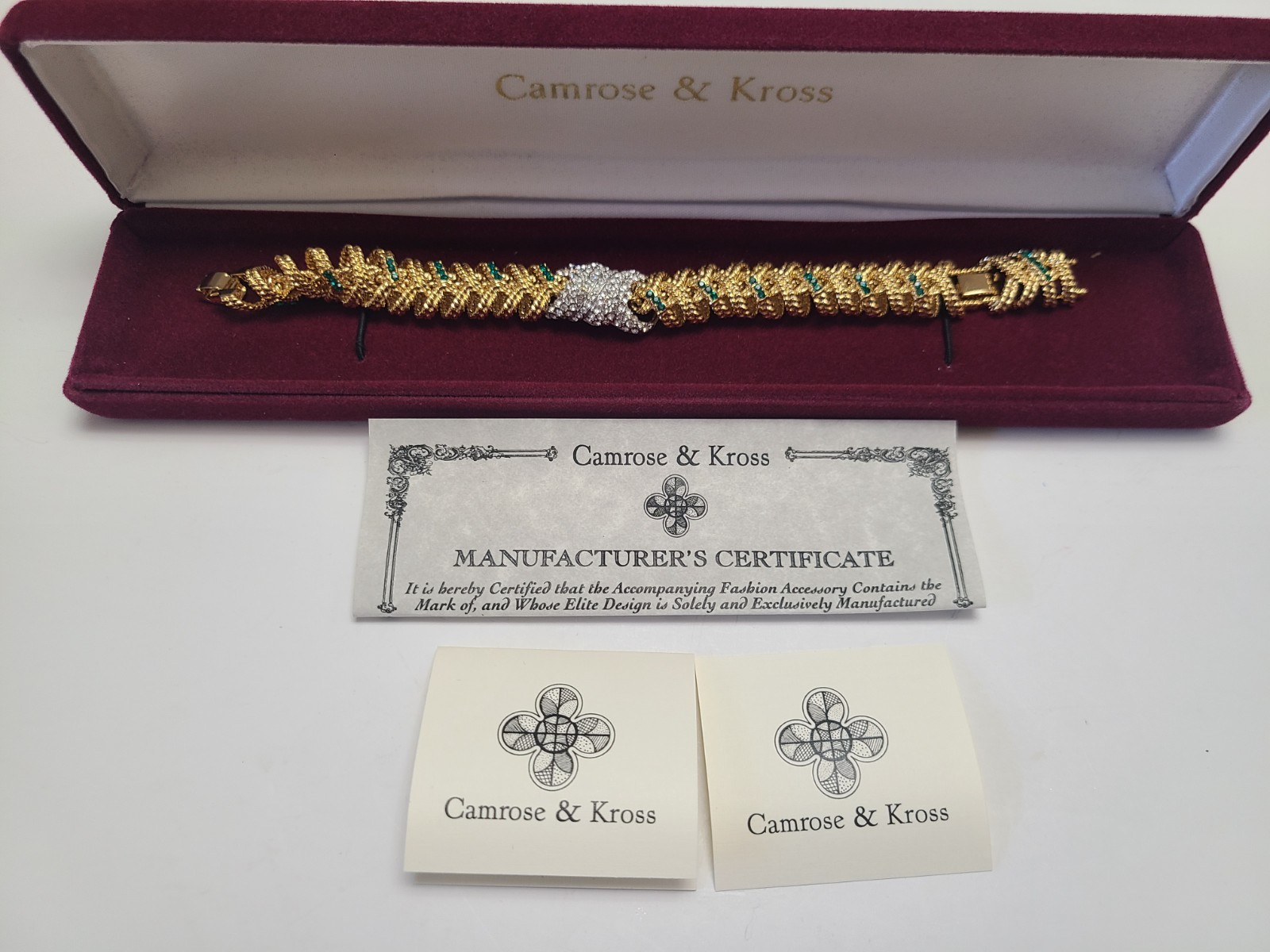 Vintage Signed JBK Jacqueline Kennedy Gold Tone Faux Emerald Rhinestone Bracelet