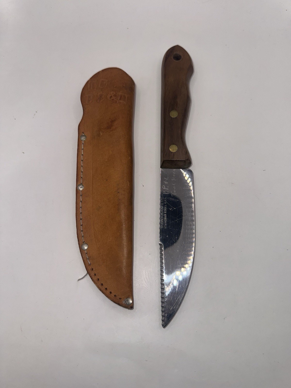 Vintage Robinson Knife Co USA Fixed Blade Knife PP&L Tool Room Leather Sheath