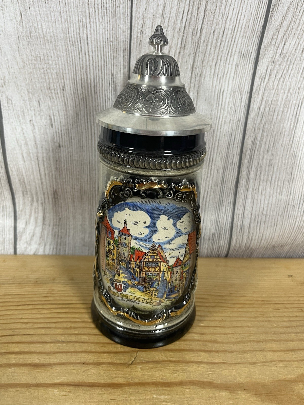 Vintage German Beer Stein With Hand Painted Scene Of Rothenburg Ob Der Tauber