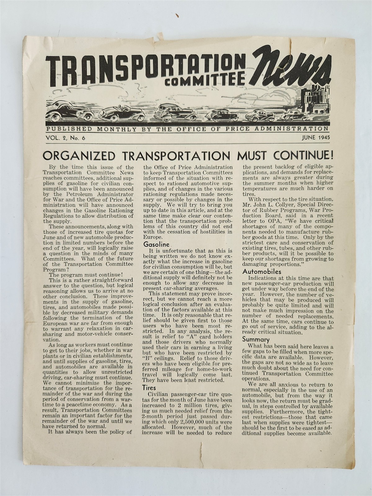 1945 antique OPA TRANSPORTATION NEWS car sharing autos gas ration WWII