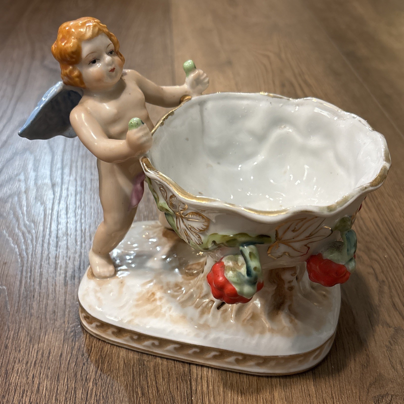 Vintage Cherub Trinket Bowl Occupied Japan Berries 1940s RARE 6” Gold