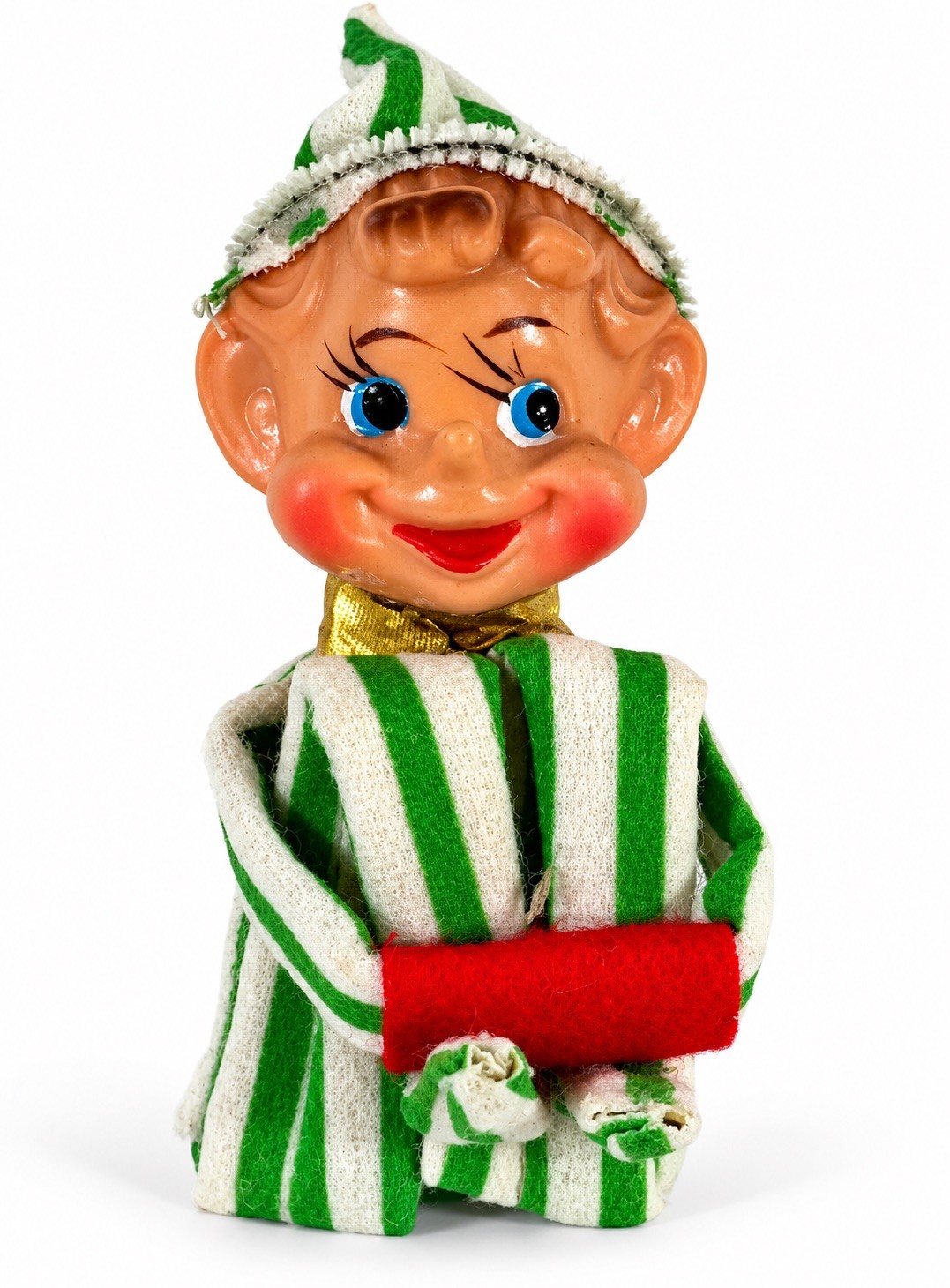 Vtg 1960s Rubber Face Knee Hugger Christmas Elf Pixie Green Striped Japan