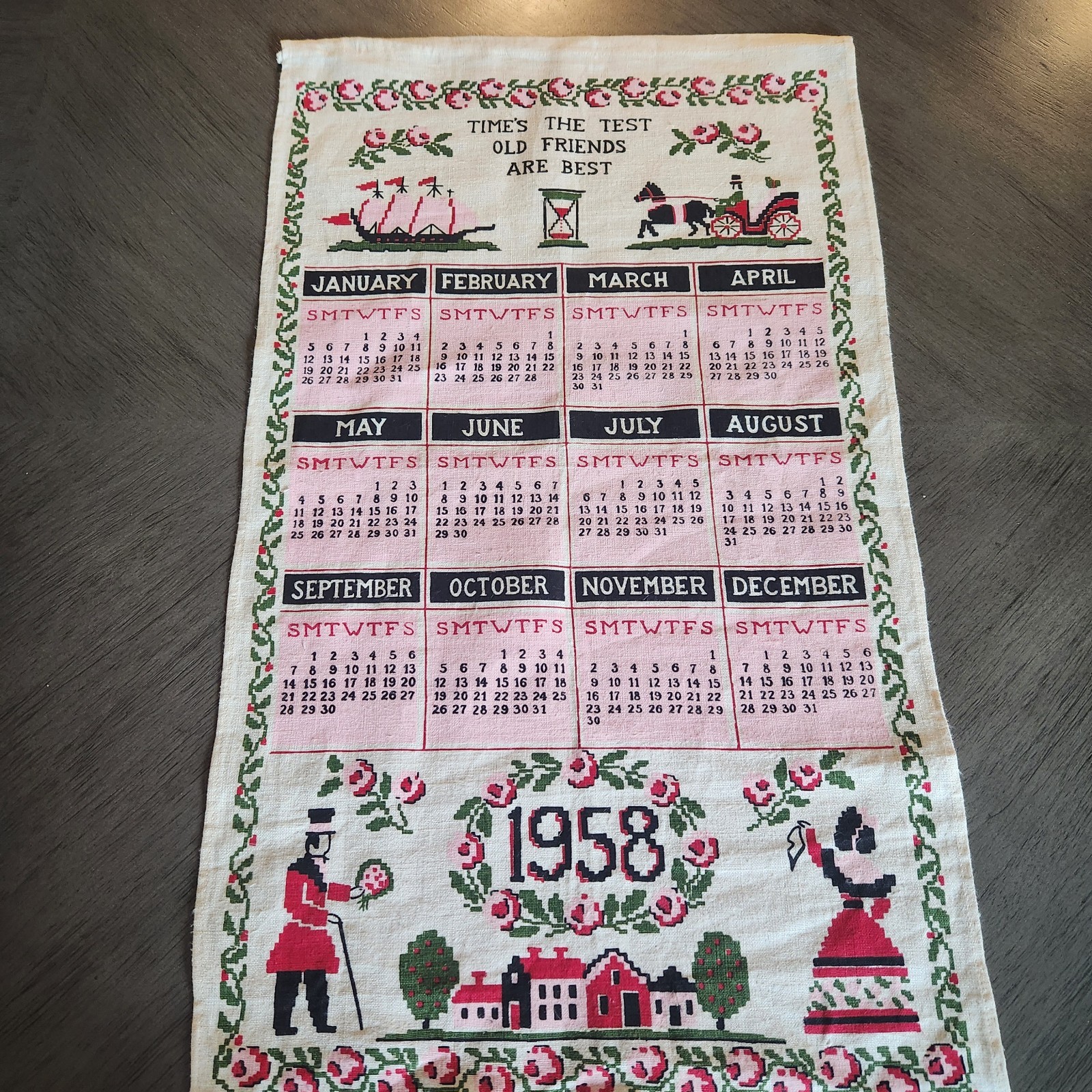 Vintage 1958 Linen Cloth Calendar Hanging Tea Towel 27” x 16”