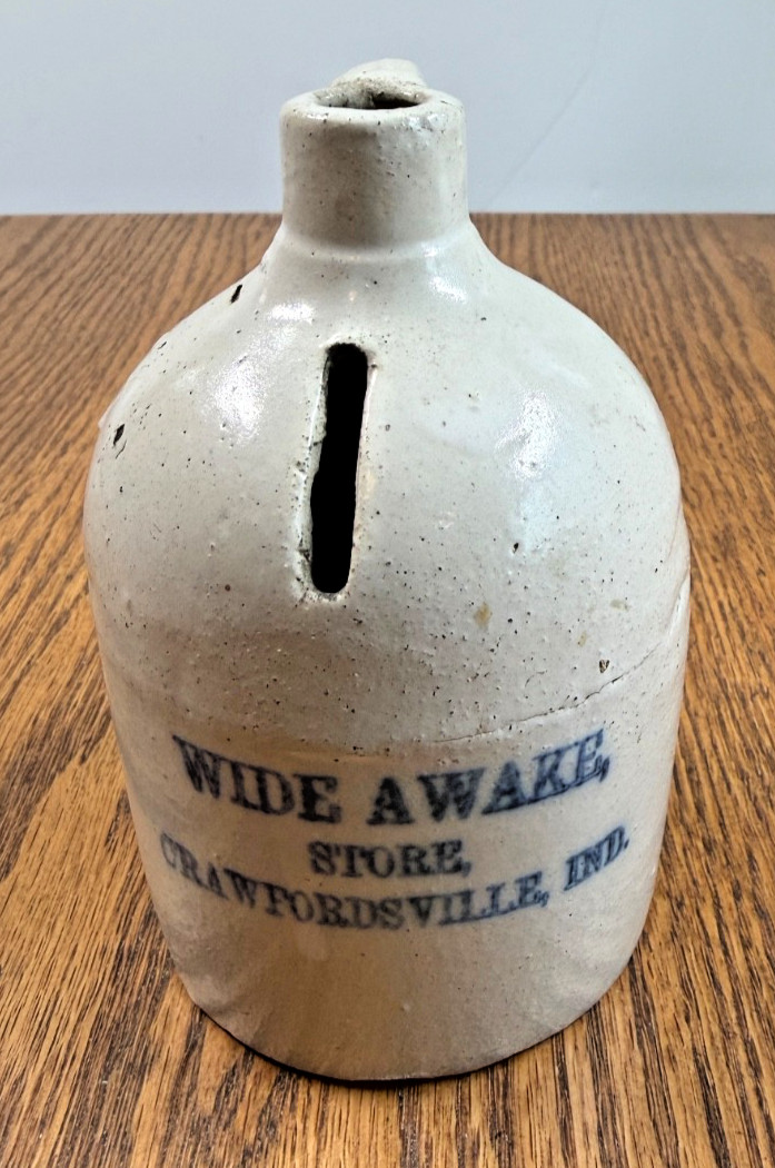 RARE Antique Wide Awake Store Crawfordsville, Ind. Stoneware Crock Piggybank