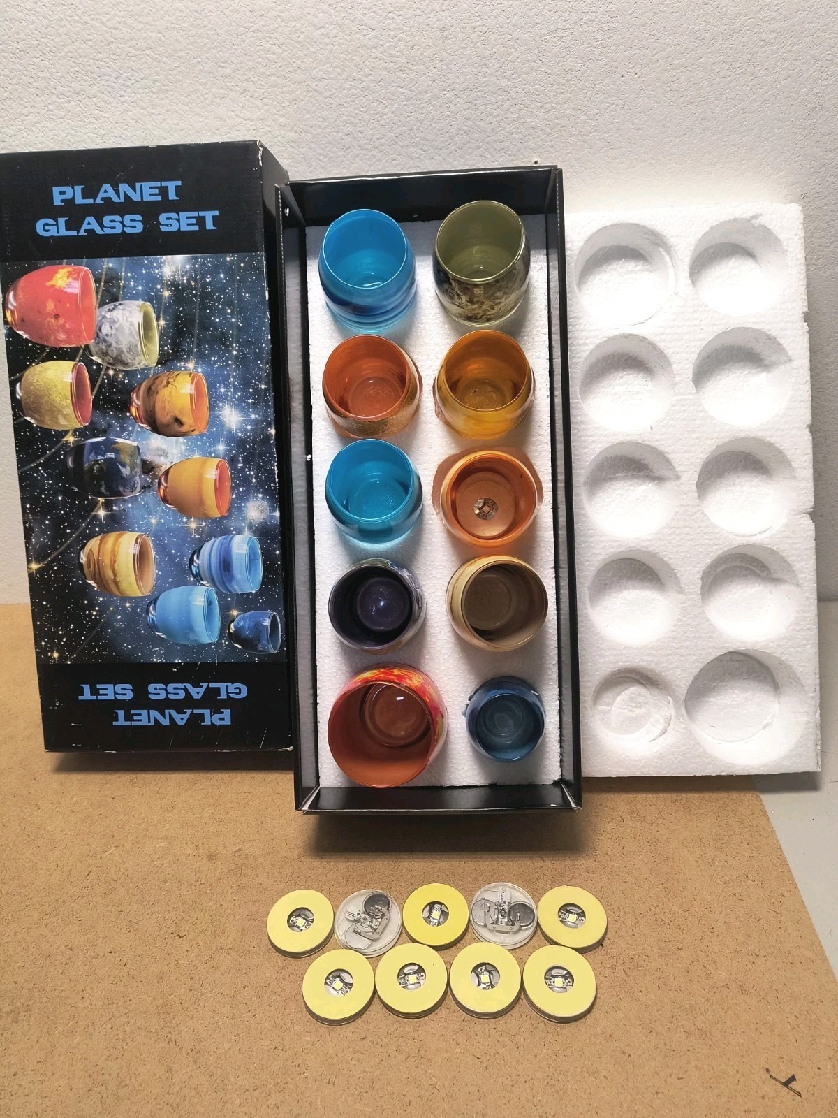Set 10 - Planet Glass Solar System Glass Cups Candle Holders W Lights ThinkGeek 