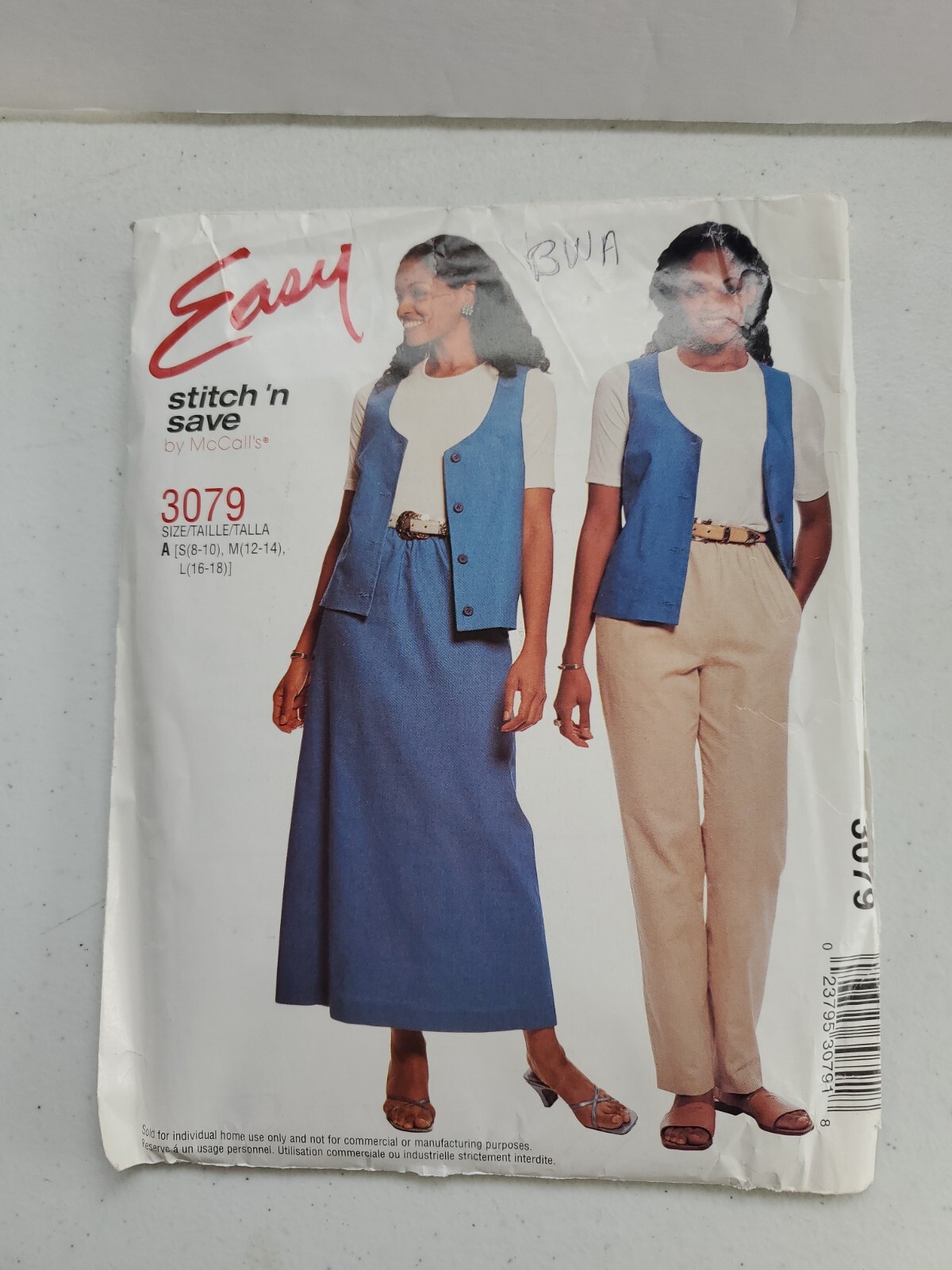 McCall's  3079 Easy Stitch 'n Save Vest, Skirt, Pants Sewing Pattern 8-18 