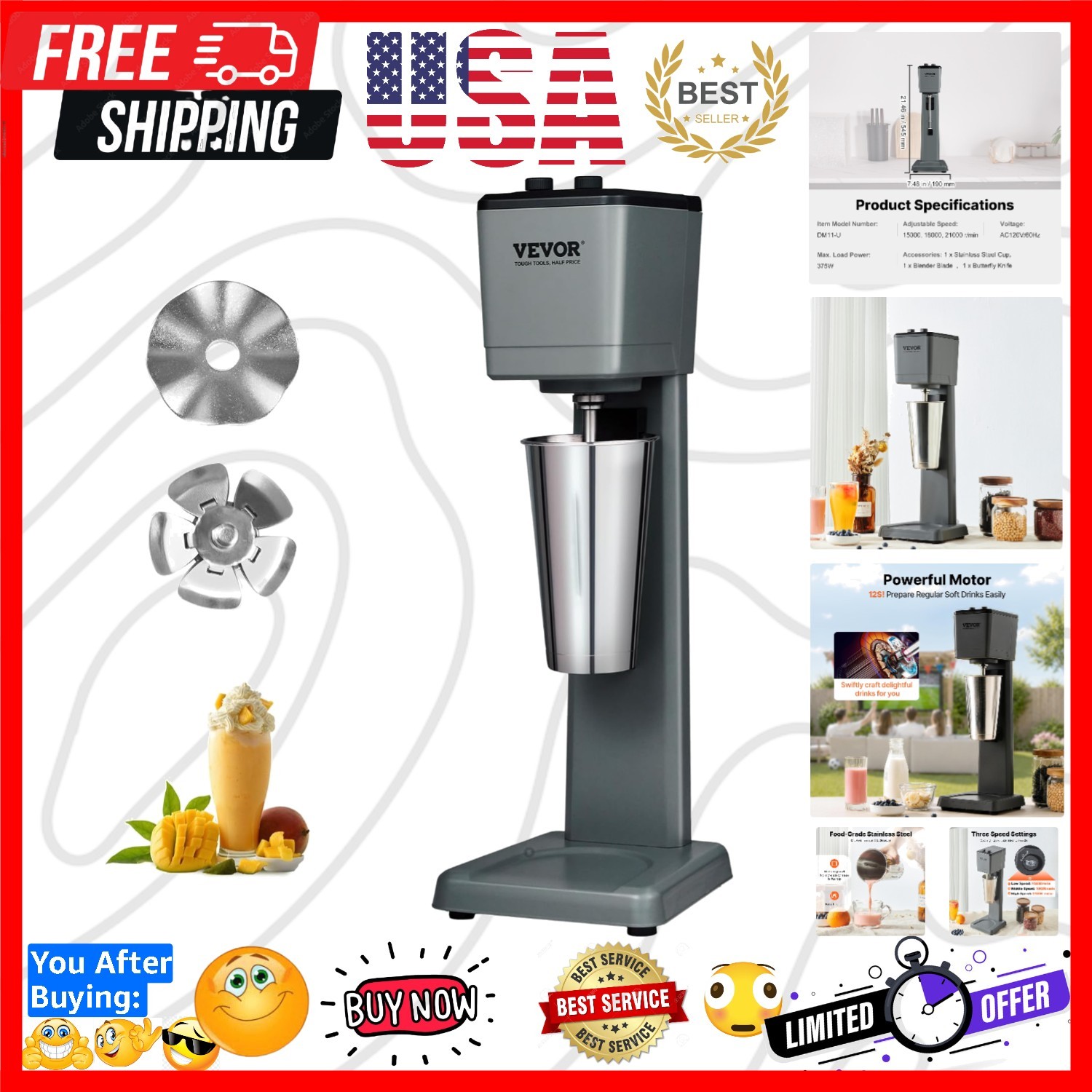 Milkshake Maker, 375W Electric Milkshake Machine, Single Head Drink Mixer Ble...