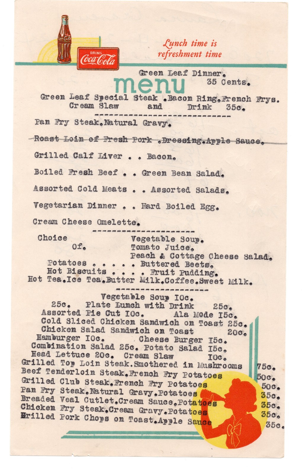 C1940's - Green Leaf Dinner Green Leaf Market Tulsa? Coca-Cola Menu   - XL1L