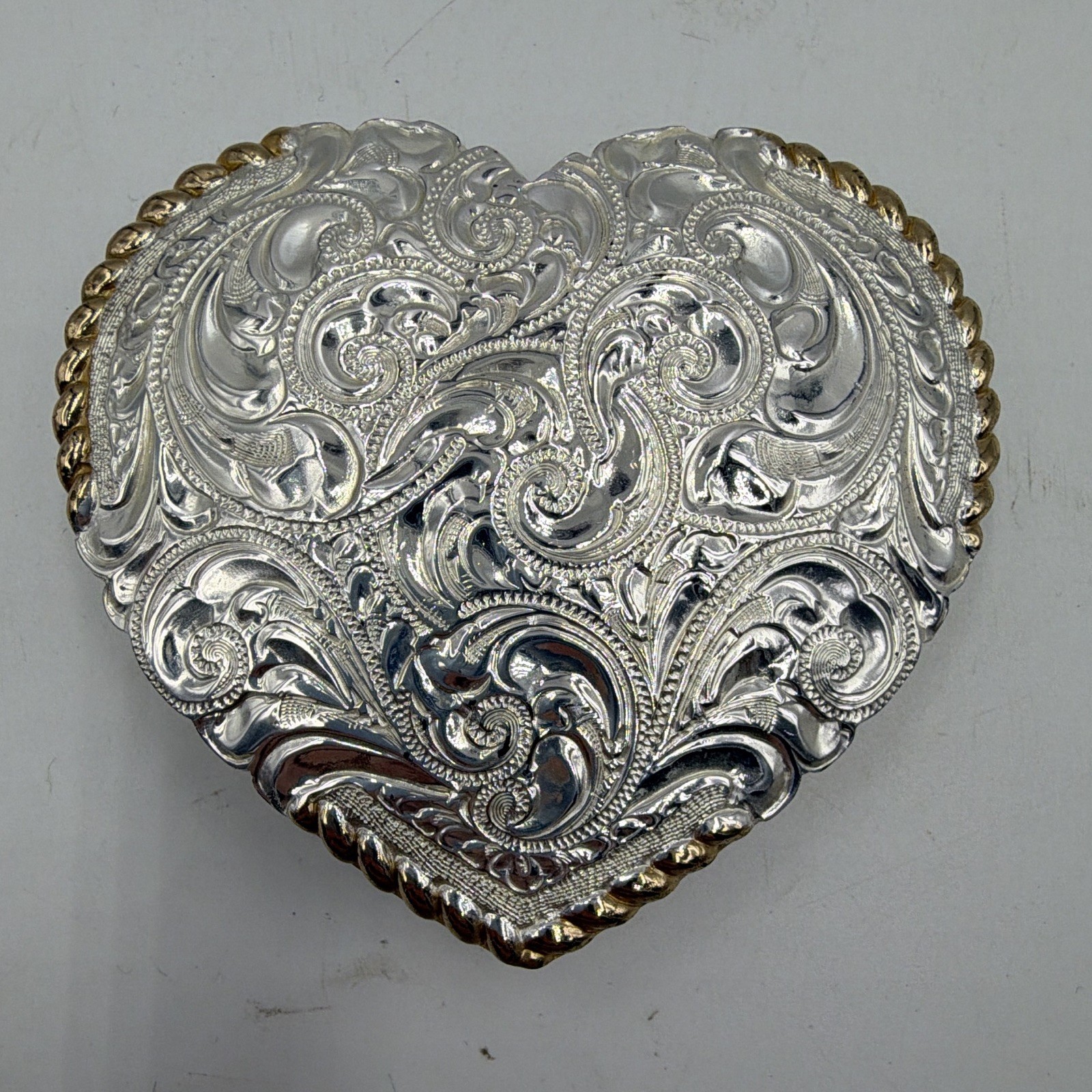 Vintage Crumrine Heart Belt Buckle Silver Plated Gold Tone Western USA Floral