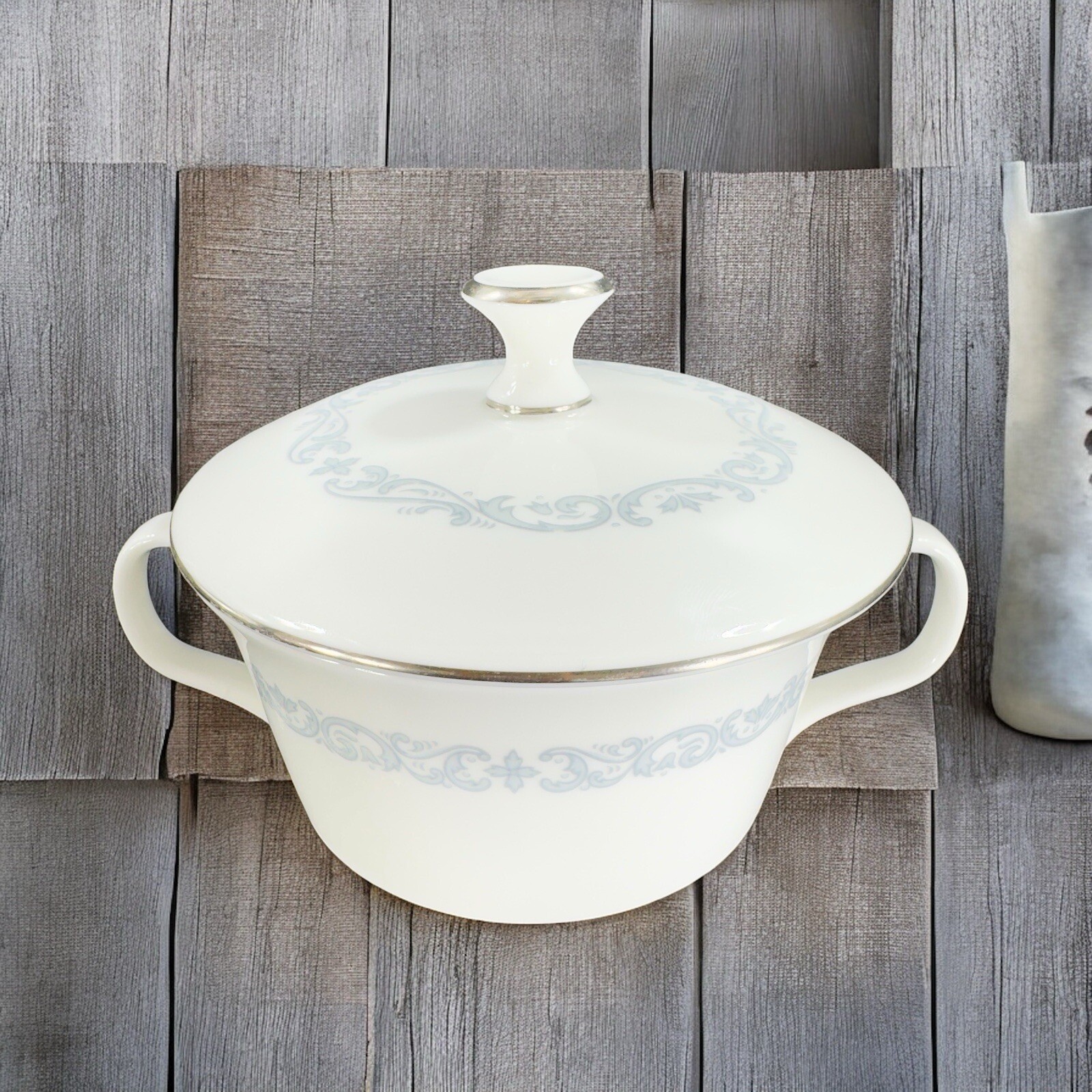 Minton Silver Scroll Porcelain Sugar Bowl W Lid Bone China Made In England VTG