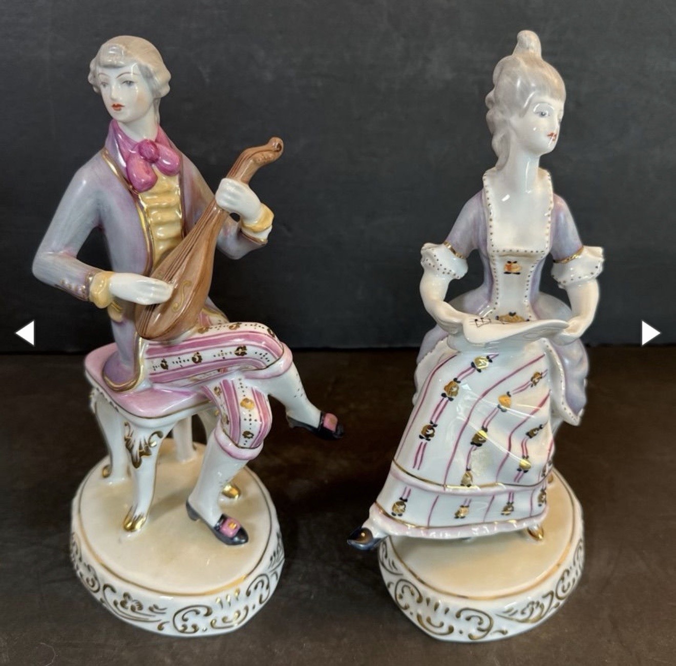 Holloháza Hungary Hand Painted Porcelain Victorian Musician Figurine Pair Lute