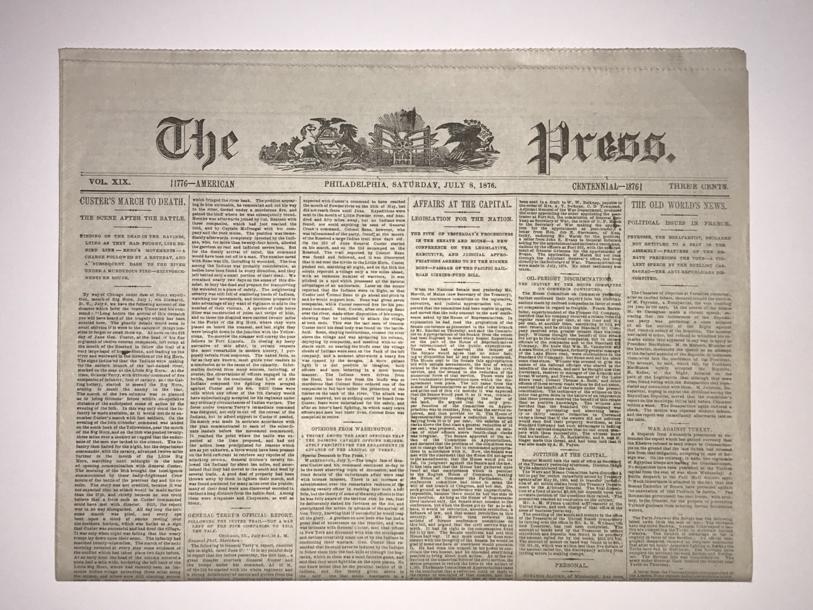 NEWSPAPER REPRINT - General Custer (B) - July 8 & 10, 1876