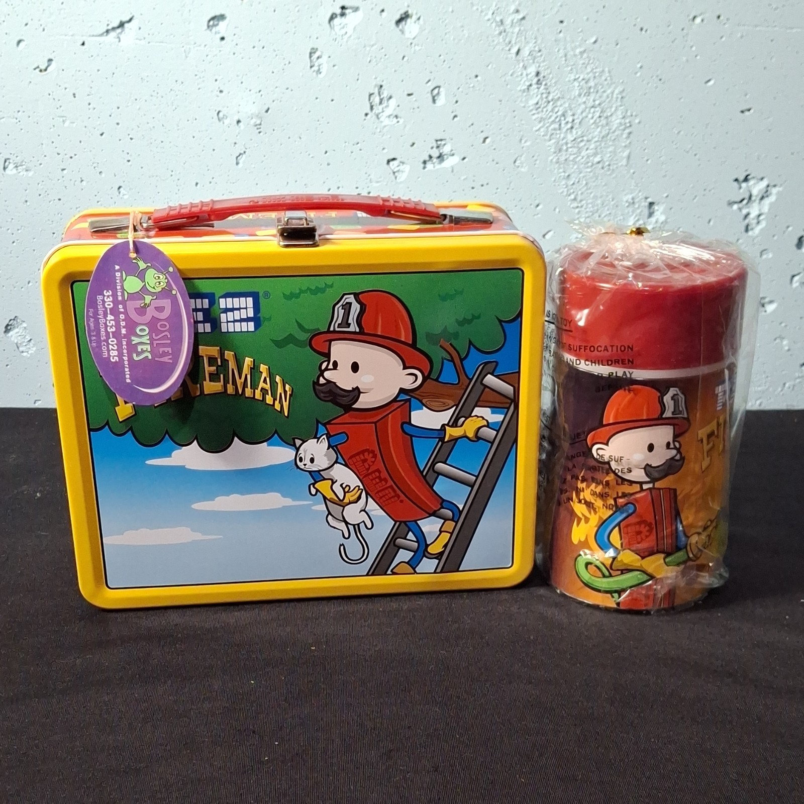 ​NOS 2002 PEZ Fireman Metal Lunchbox Set w/ Thermos & Tags - Bosley Boxes