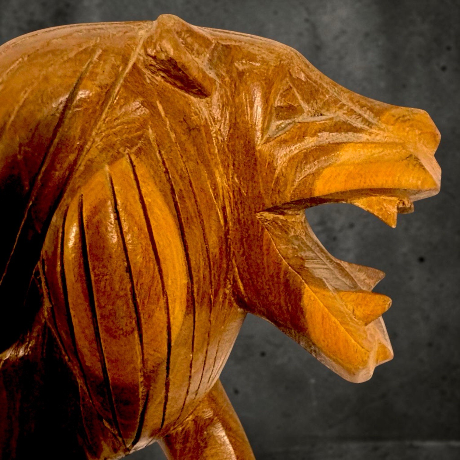 Vintage Hand Carved Wood Lion Sculpture 8in Roaring Folk Art Safari Decor