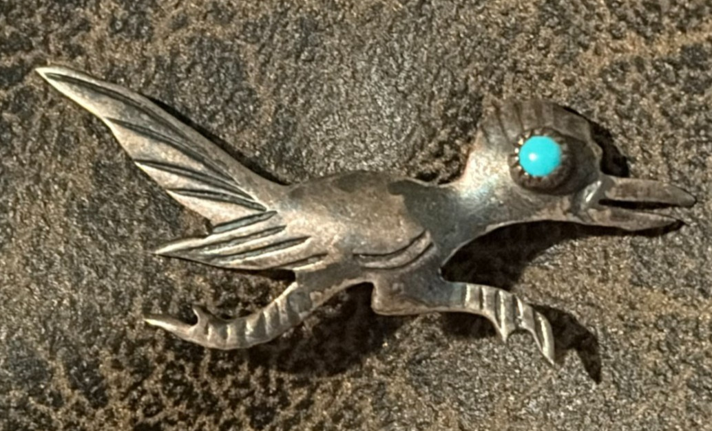 VINTAGE-NATIVE AMERICAN-ROADRUNNER PIN-STERLING SILVER-TURQUOISE-ROUTE 66 PIECE