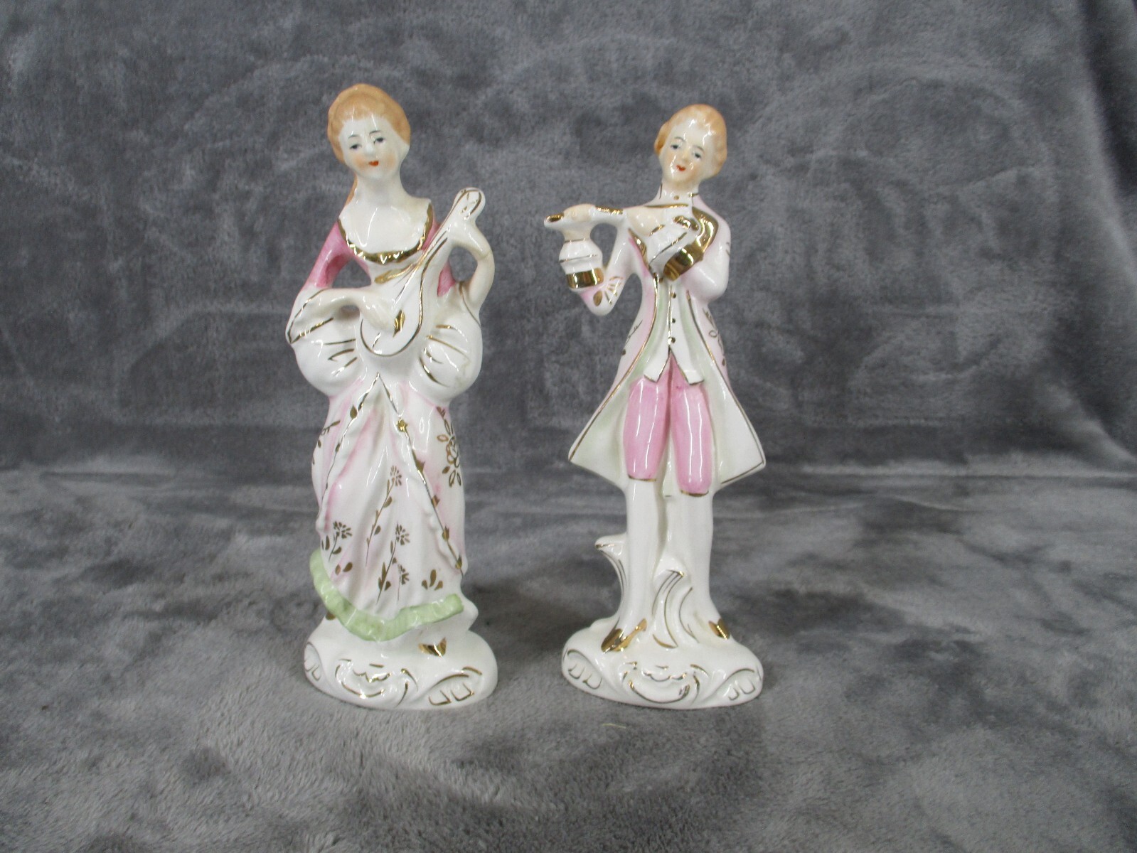 Victorian Musician Figurine Playing Mandolin & Flute Porcelain Vintage 2 Piece