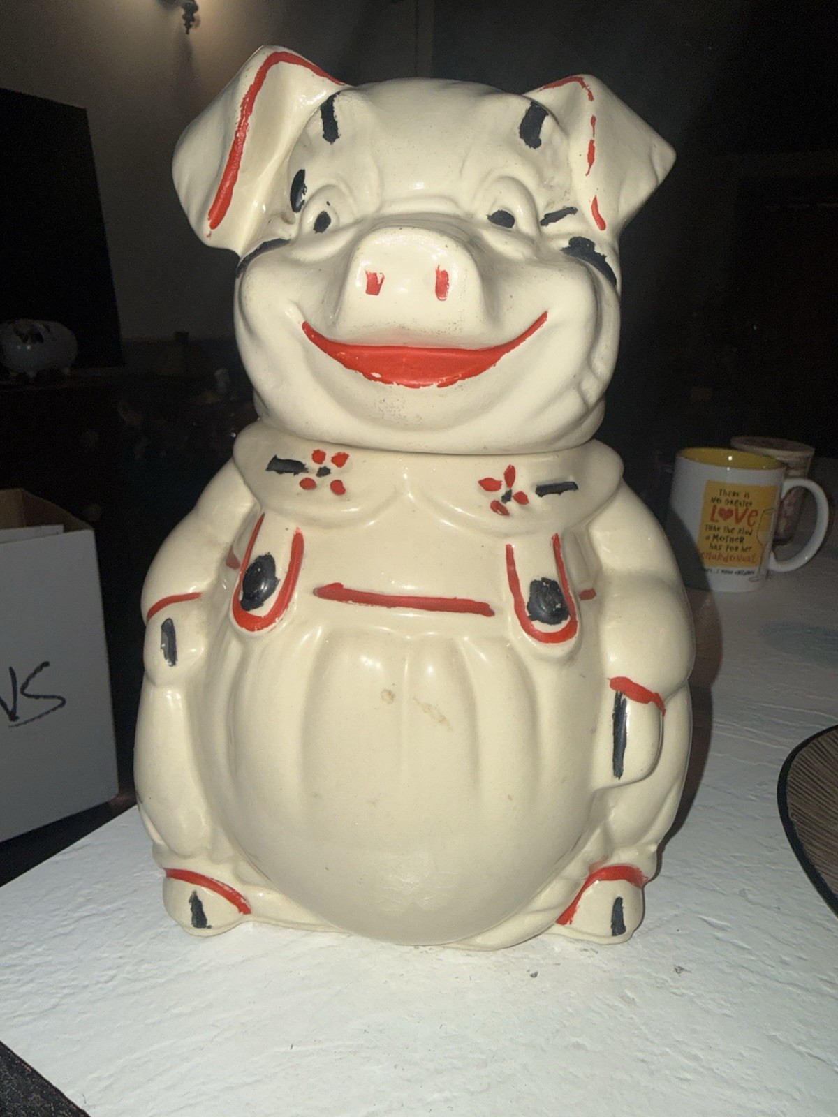 vintage 1940s MCCOY Smiley the PIG white RED black Porcelain pottery COOKIE jar