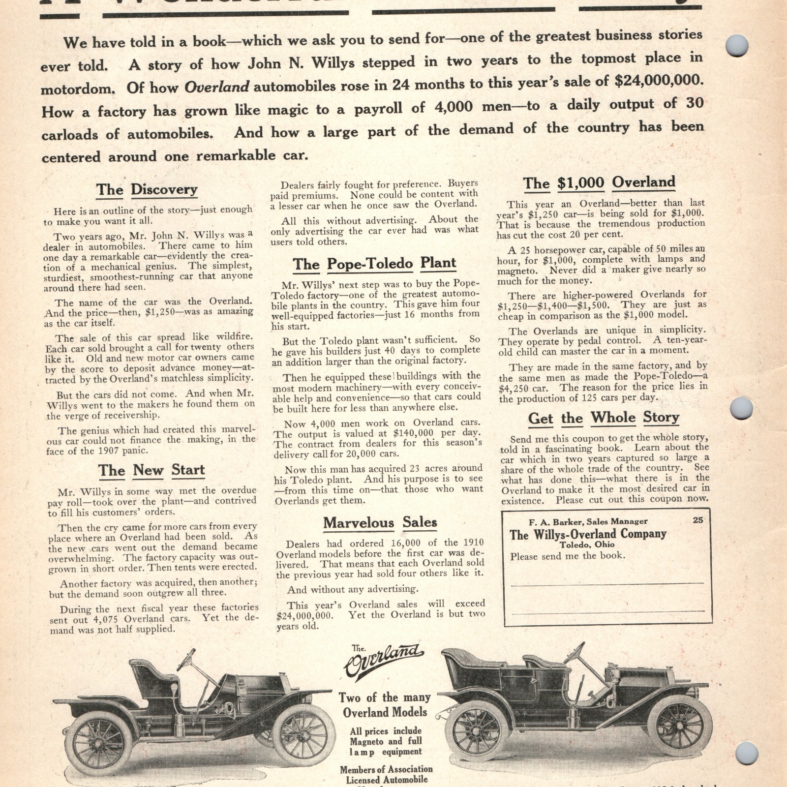 1910 Willys-Overland Model 38 41 Car Print Ad Toledo Ohio Pope-Toledo F Baker