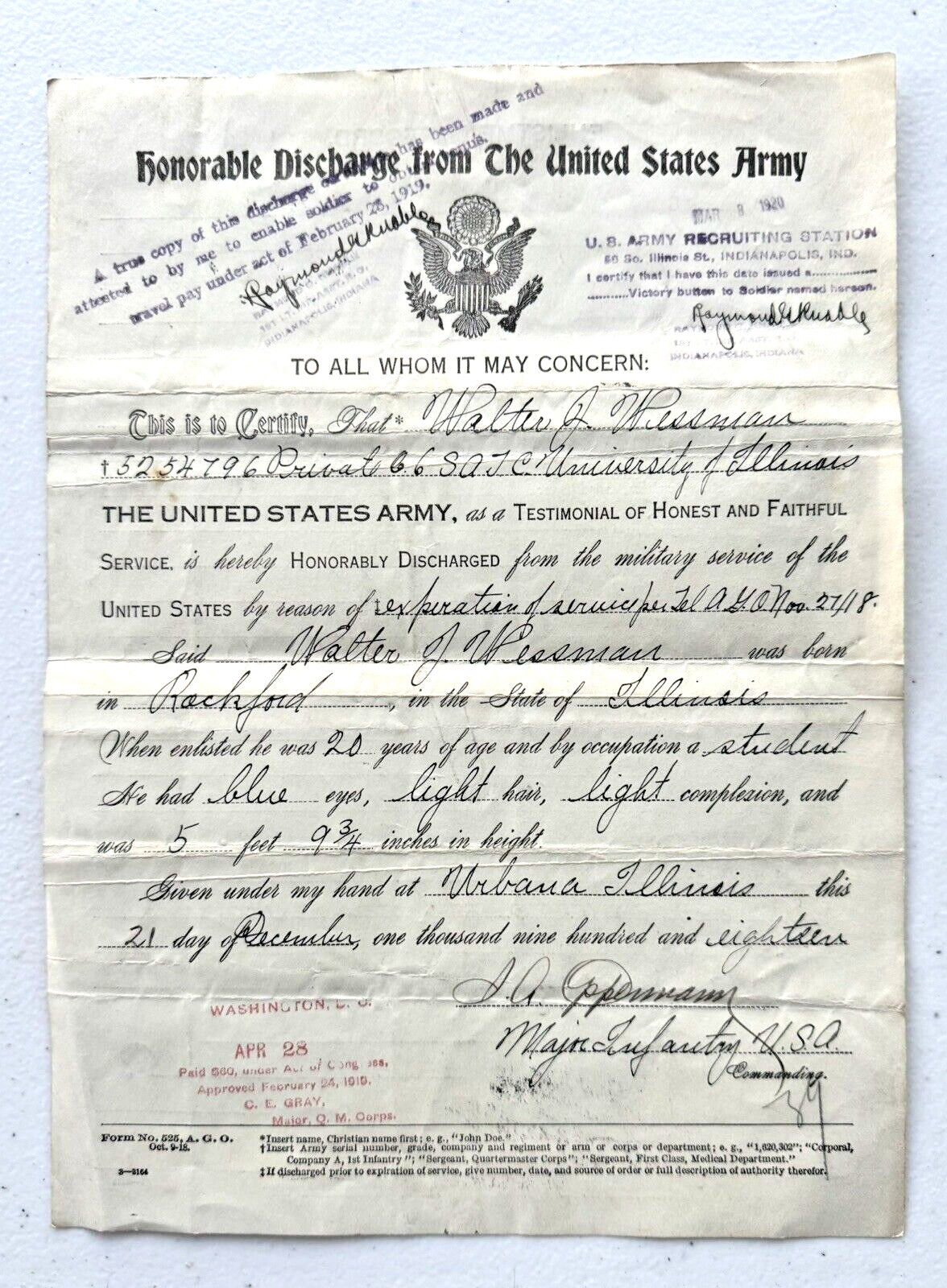1918 WWI HONORBLE DISCHARGE PAPERS FROM THE UNITED STATES ARMY PRIVATE WESSMAN