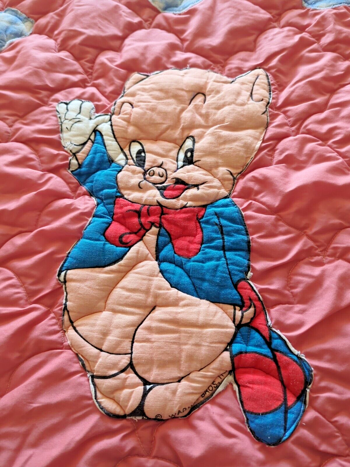 Vintage Porky Pig Throw Blanket Pink Blue Unique Handmade Warner Bros OOAK