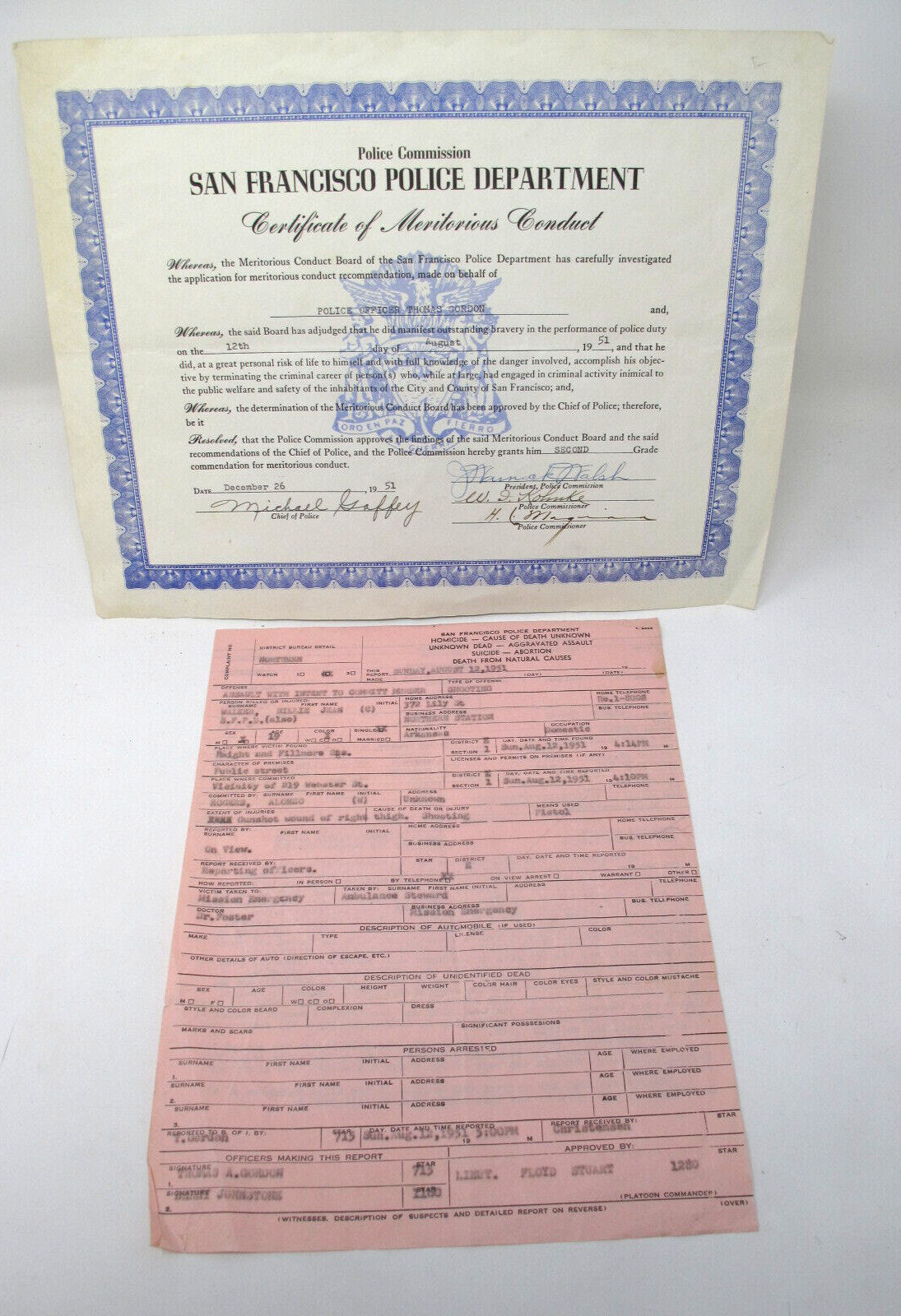 1951 San Francisco Police Officer Meritorious Conduct Certificate Offical Report