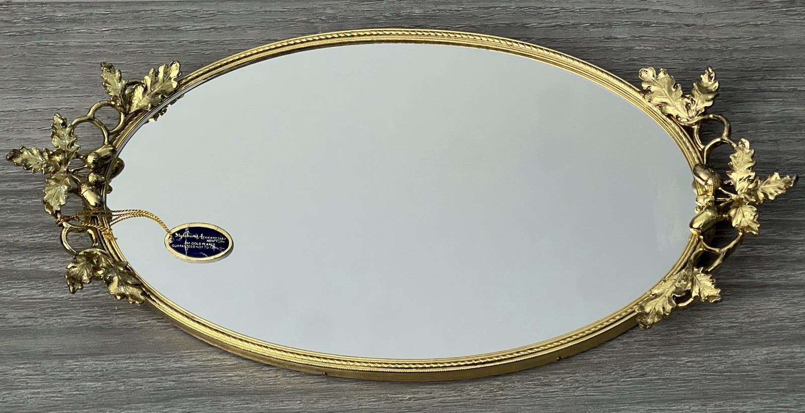 Vtg Stylebuilt 24K Gold Plated Mirrored Vanity Tray Acorn Oak Leaf 14\