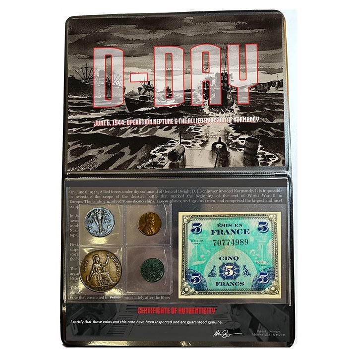 WWII D-Day Normandy Coin & Banknote Set w/ Certificate in Display Binder
