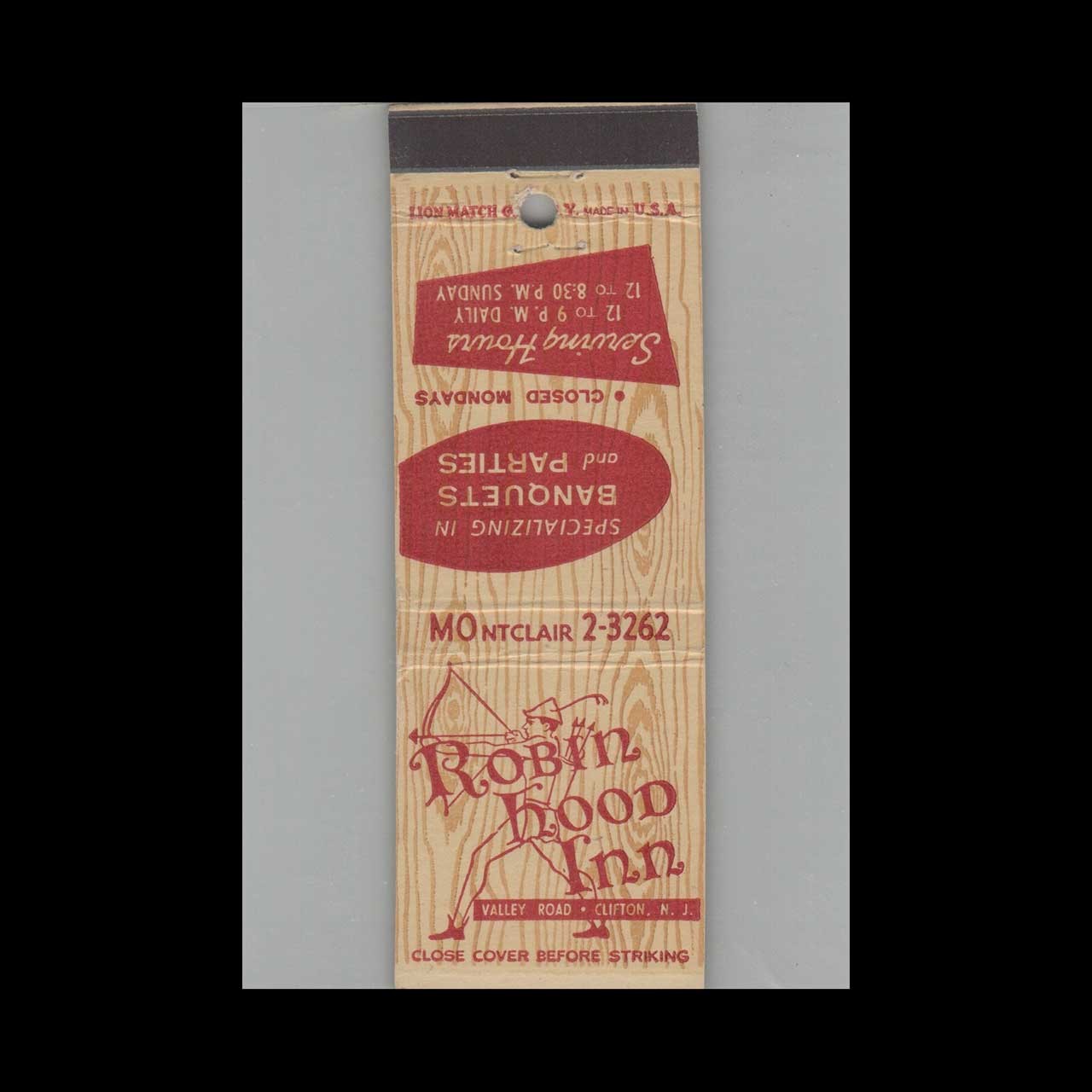 Matchbook Cover Robin Hood Inn Clifton NJ