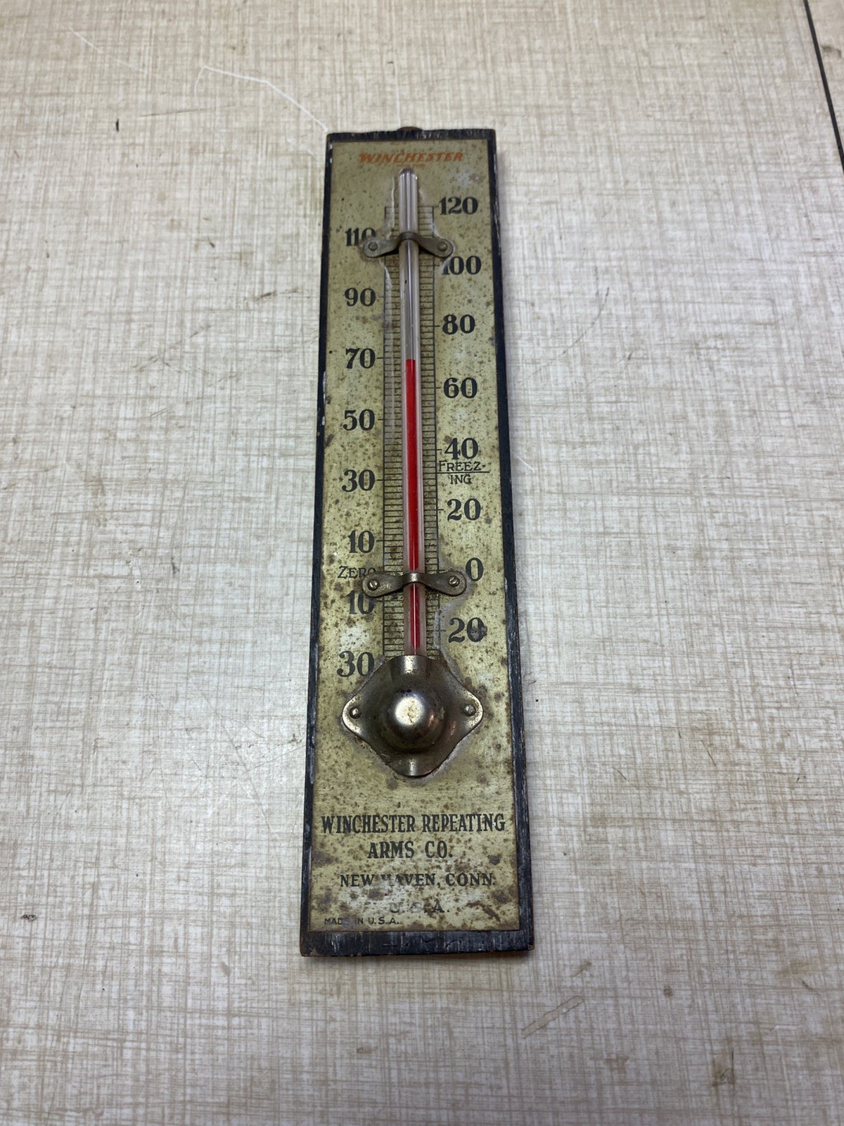 RARE Antique Vintage WINCHESTER REPEATING ARMS COMPANY Thermometer Wood Metal