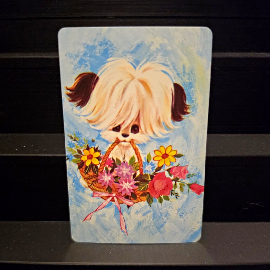 Vtg 1970s Stardust Single Swap Playing Card Kitsch Big Eyed Shaggy Puppy Flowers