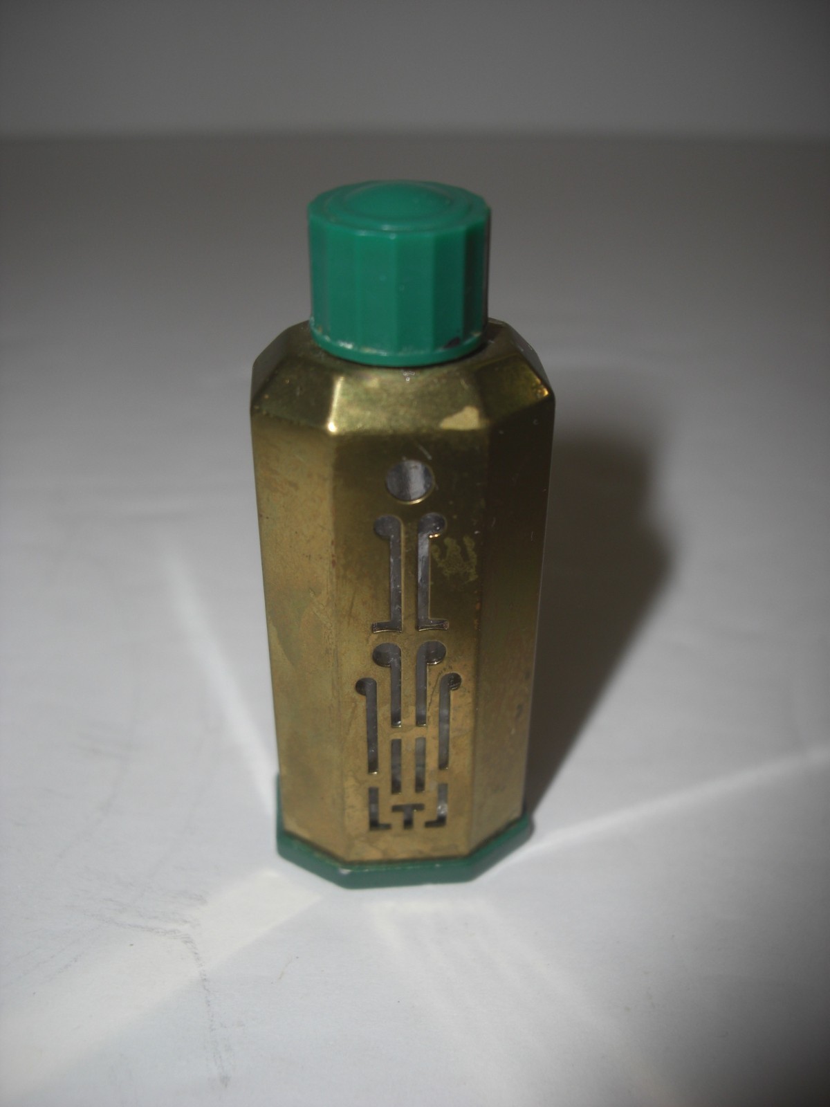 Vtg - 1920's  Coty Emeraude Mini Perfume Bottle Oriental Brass w/blue top & base