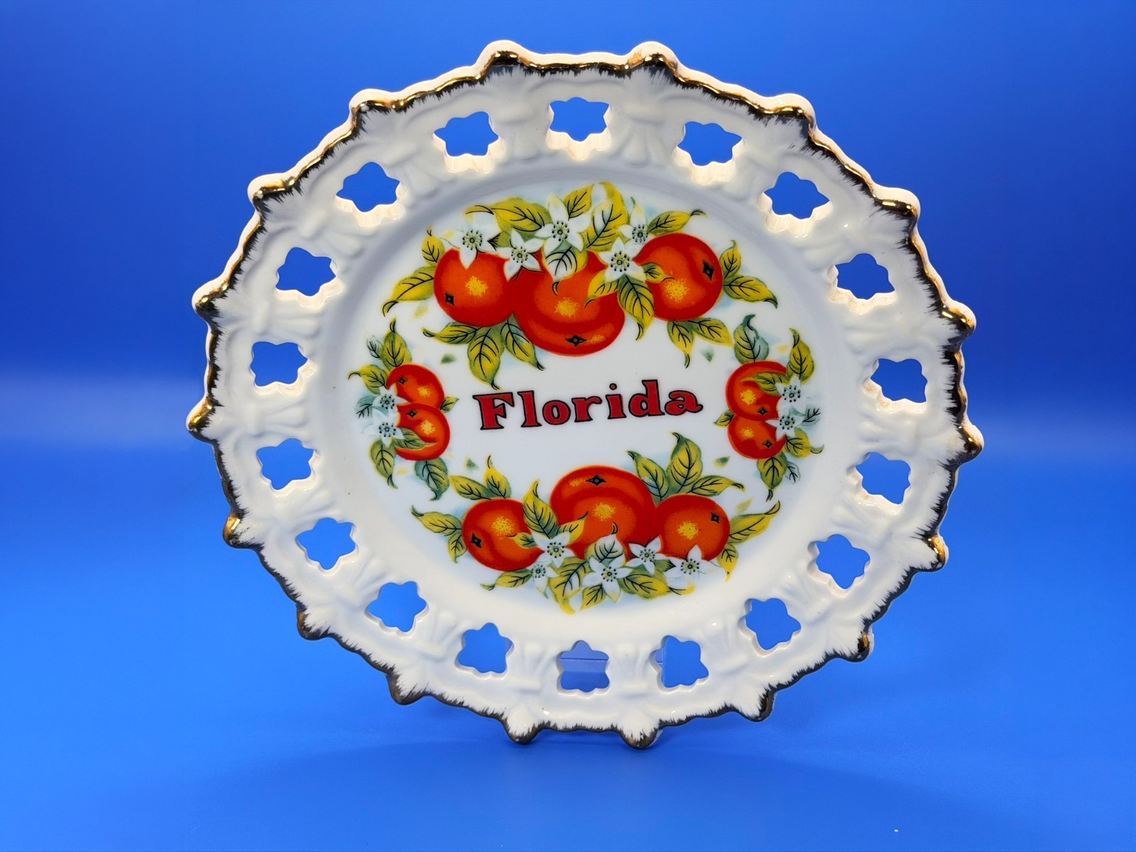 Vintage Florida Souvenir Plate – Oranges & Blossoms – Gold Trim Pierced Edge