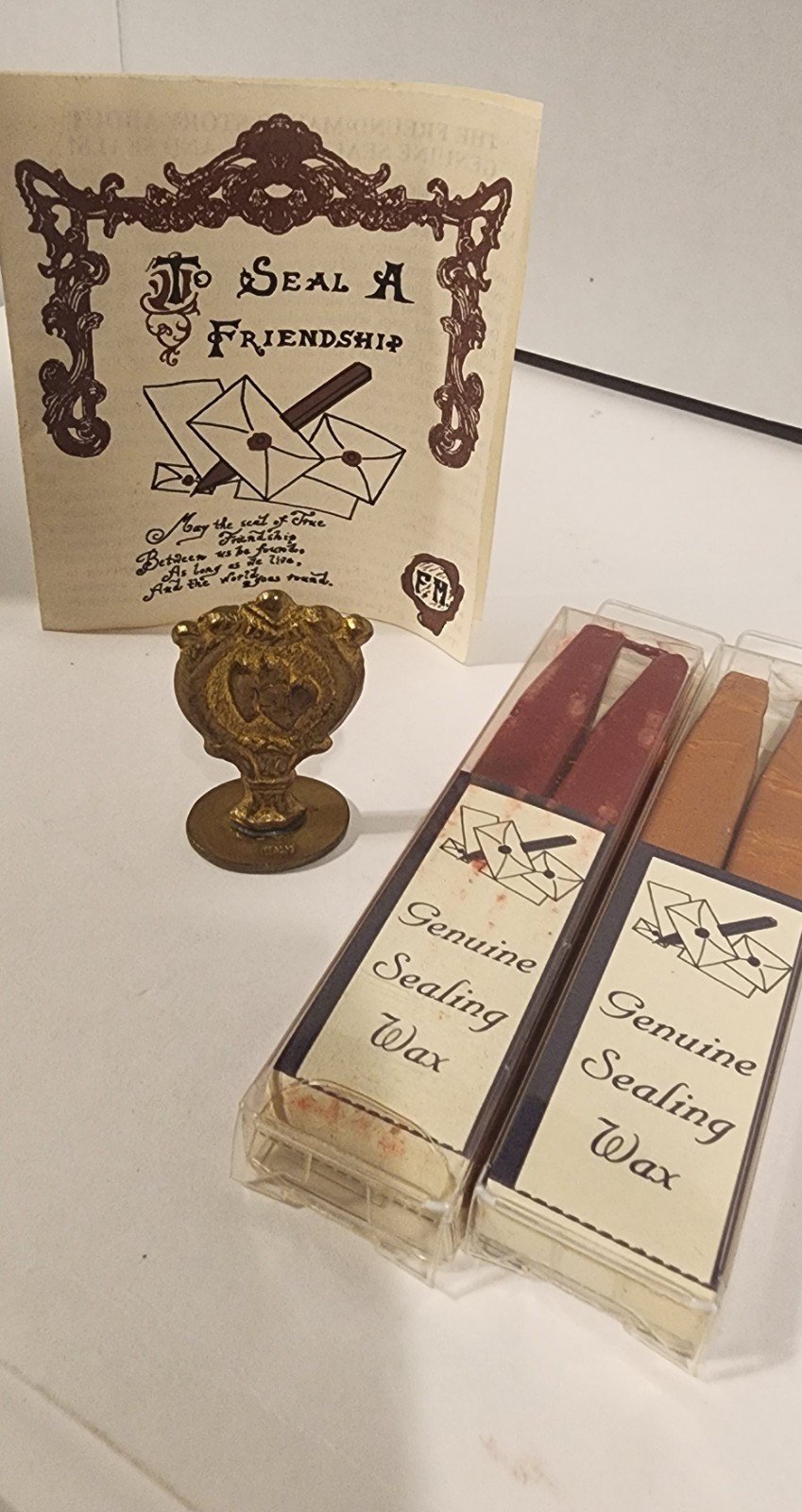 Starter Set Vtg Italian Brass Wax Seal With 2 Sets Of Melt Sticks &\