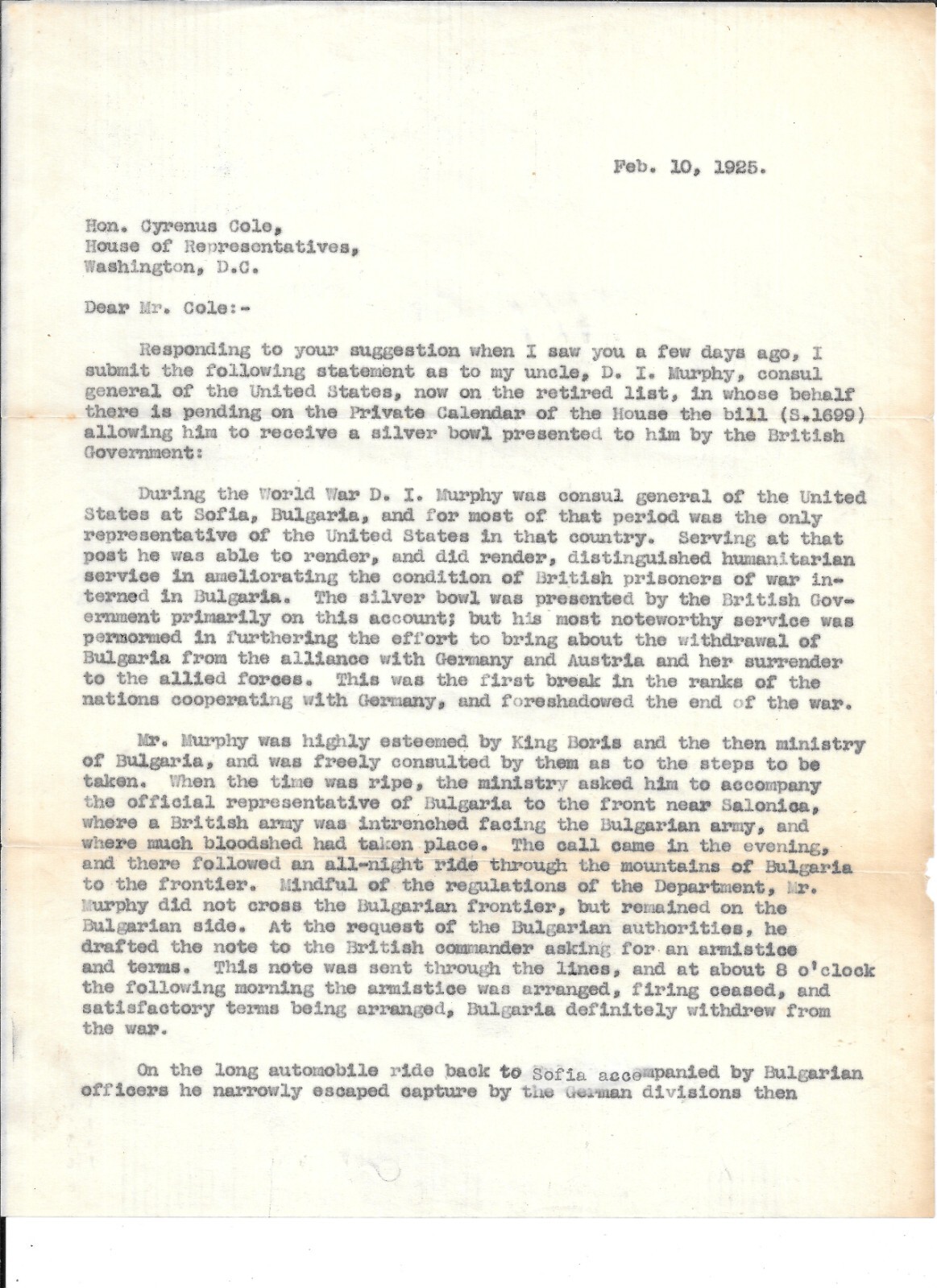 1925 Vintage Letter to CYRENUS COLE, US House of Representatives from IOWA, IA