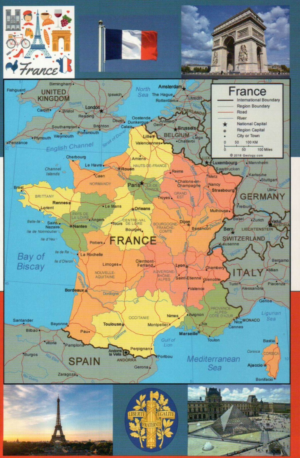 Map of France, Flag, Louvre, Eiffel Tower, Paris, Seal etc. ---  Modern Postcard