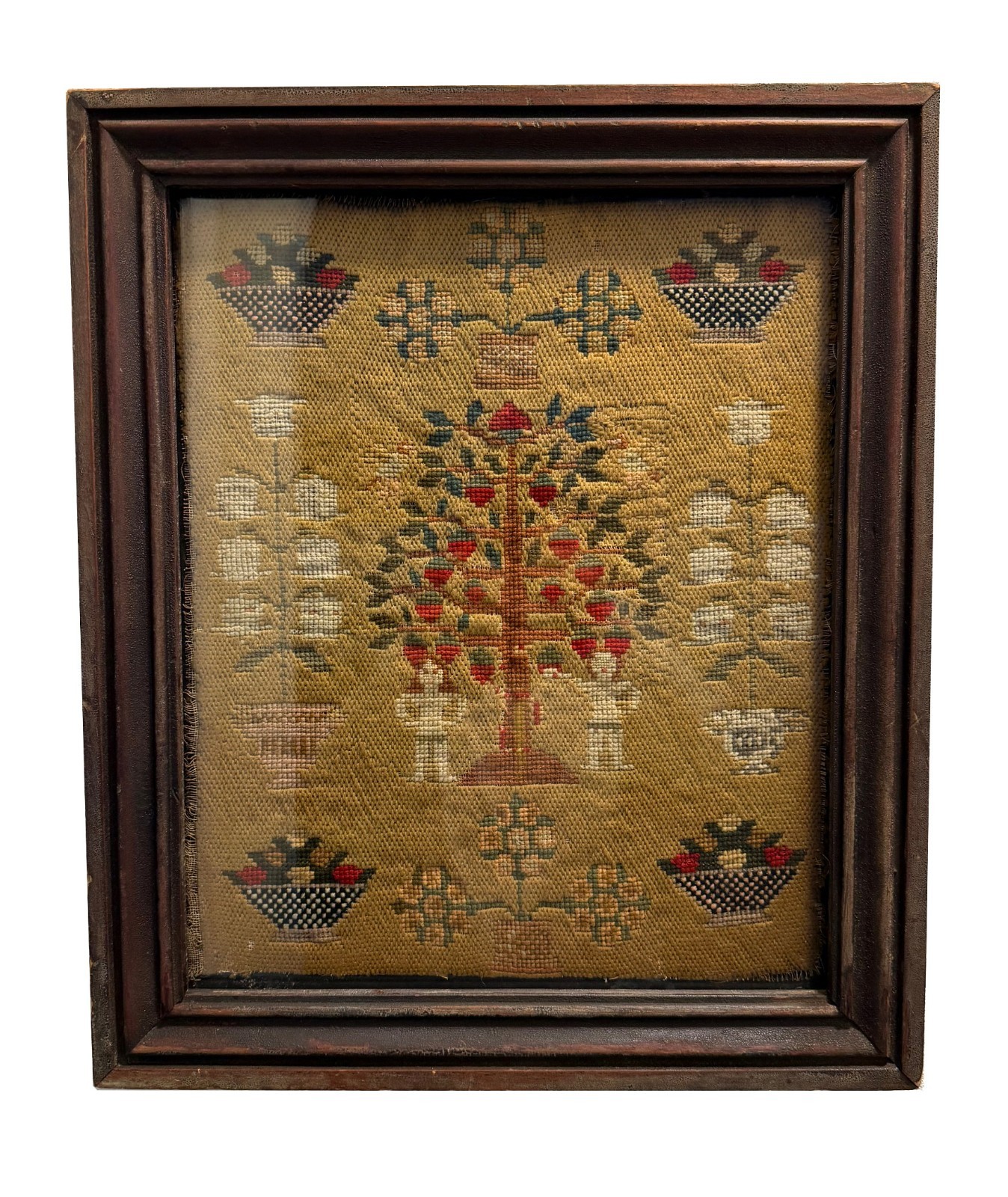 Early 1800s ADAM & EVE Schoolgirl Antique Needlework Sampler Folk Art Primitive