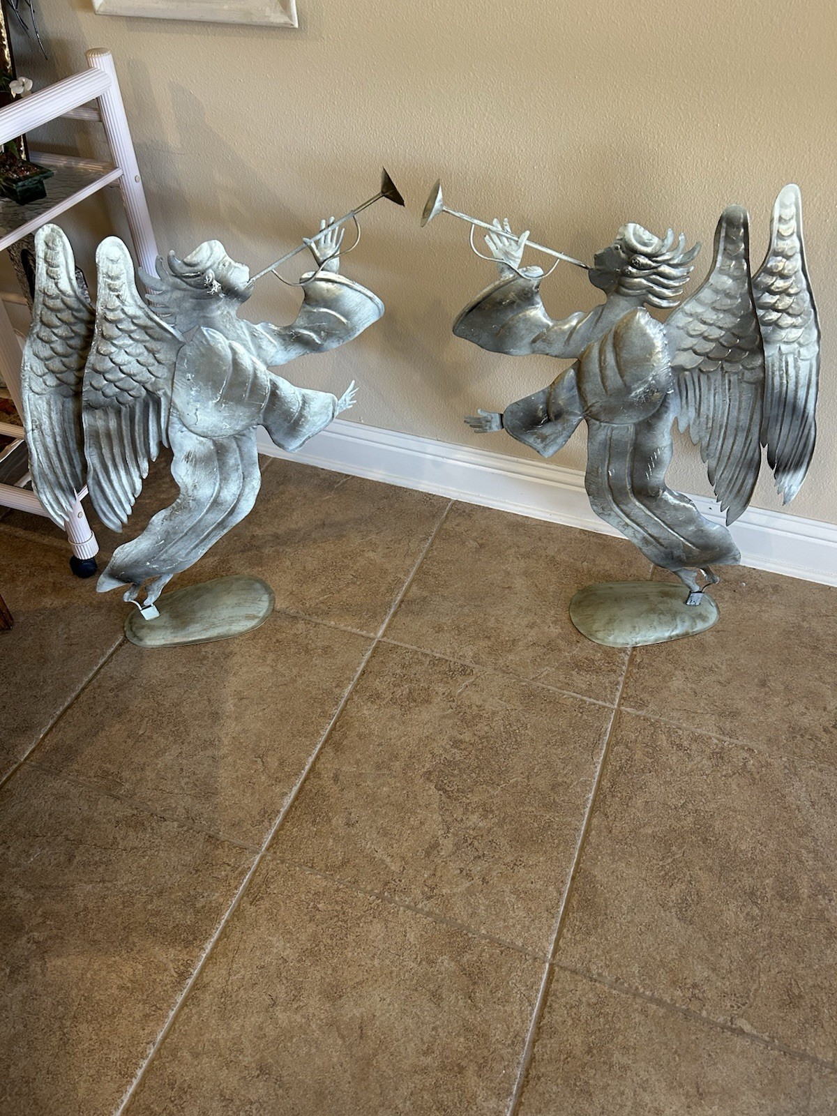 Vtg Pair Of  Tin Metal Christmas Angels Indoor Outdoor Standing Or Hanging 23x33