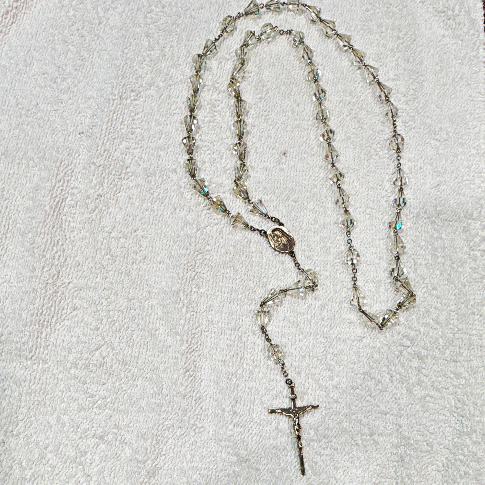 Vintage Sterling Silver Crucifix Clear Faceted Crystal Glass Catholic Rosary NR
